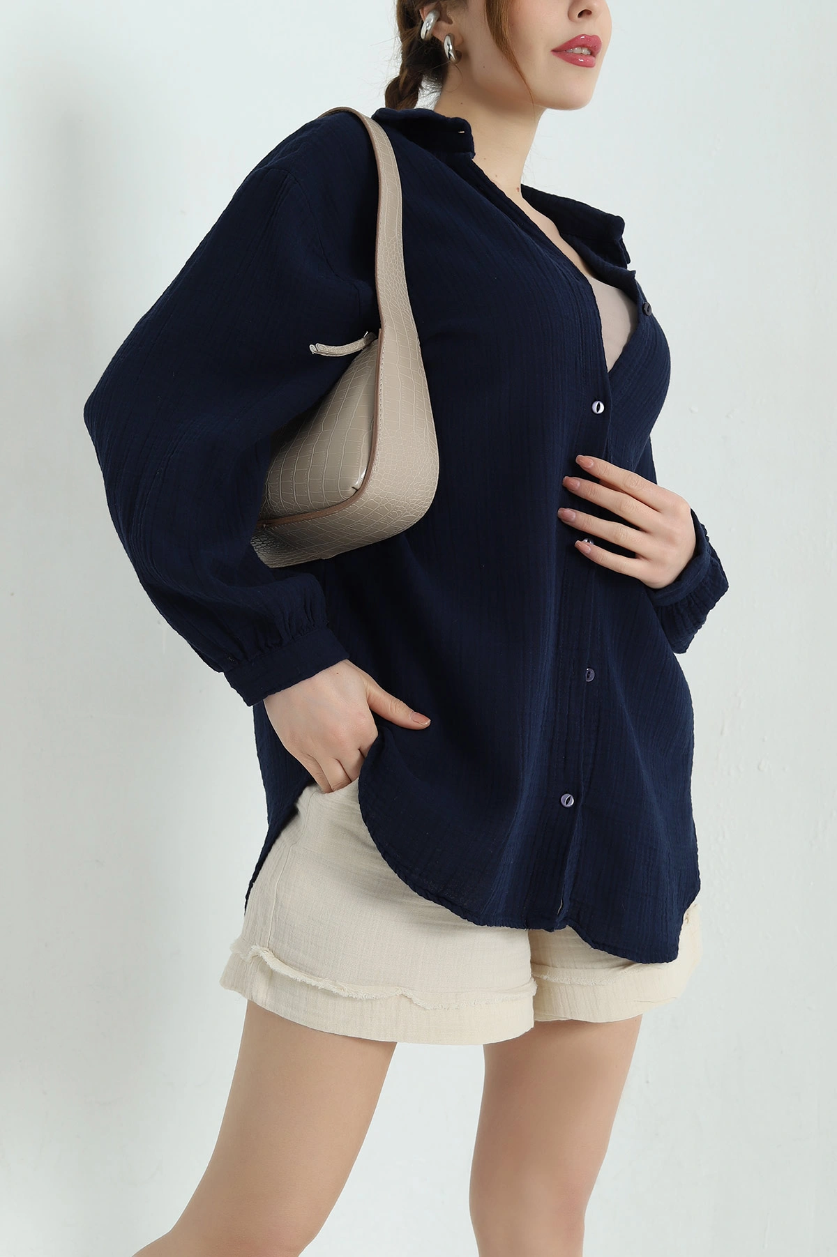 Lacivert Oversize Kadın Müslin Gömlek 336853