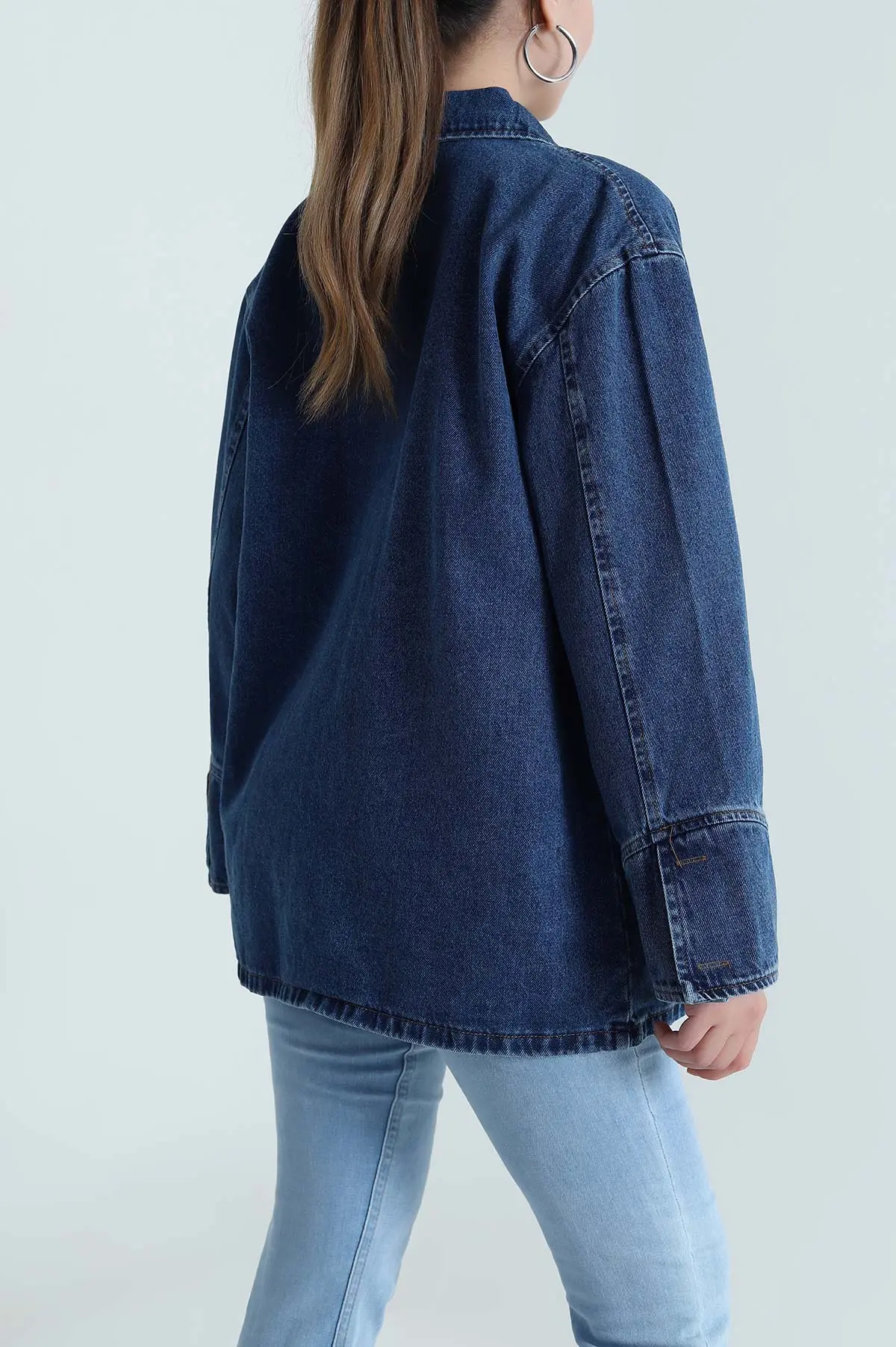 Lacivert Oversize Cepli Düğmeli Kadın Kot Ceket 483926