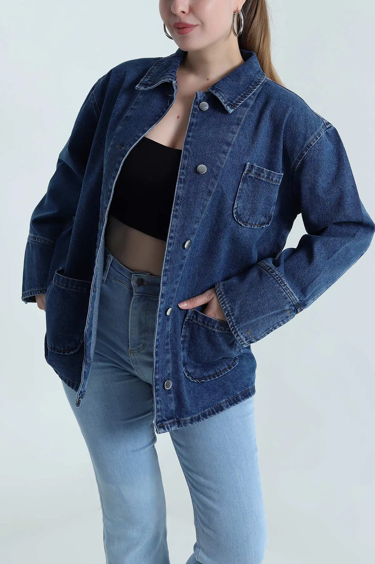 Lacivert Oversize Cepli Düğmeli Kadın Kot Ceket 483926