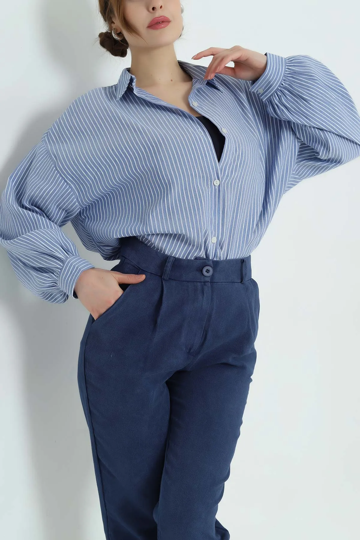 Lacivert Oversize Çizgili Bayan Keten Gömlek 336861