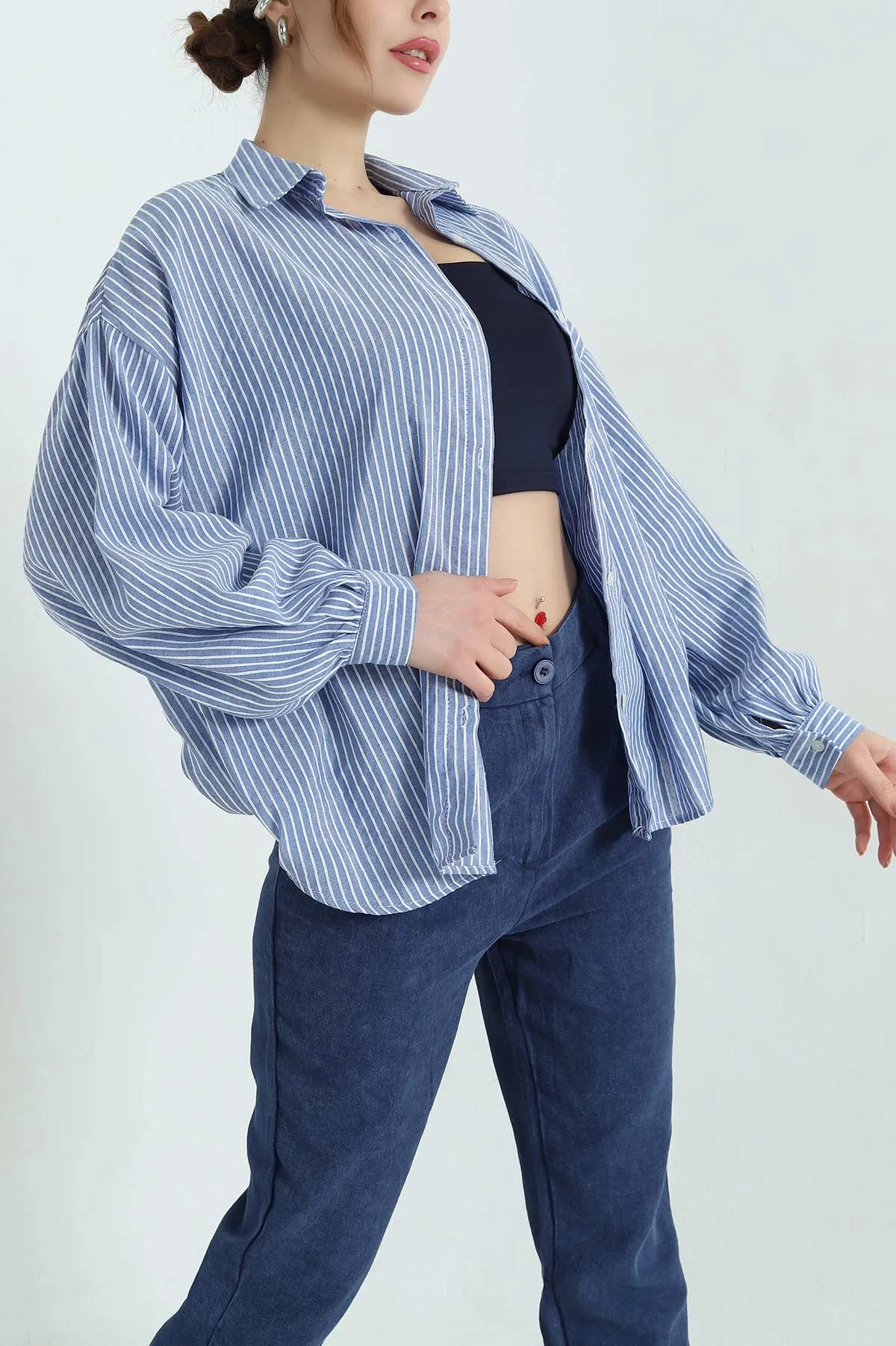 Lacivert Oversize Çizgili Bayan Keten Gömlek 336861