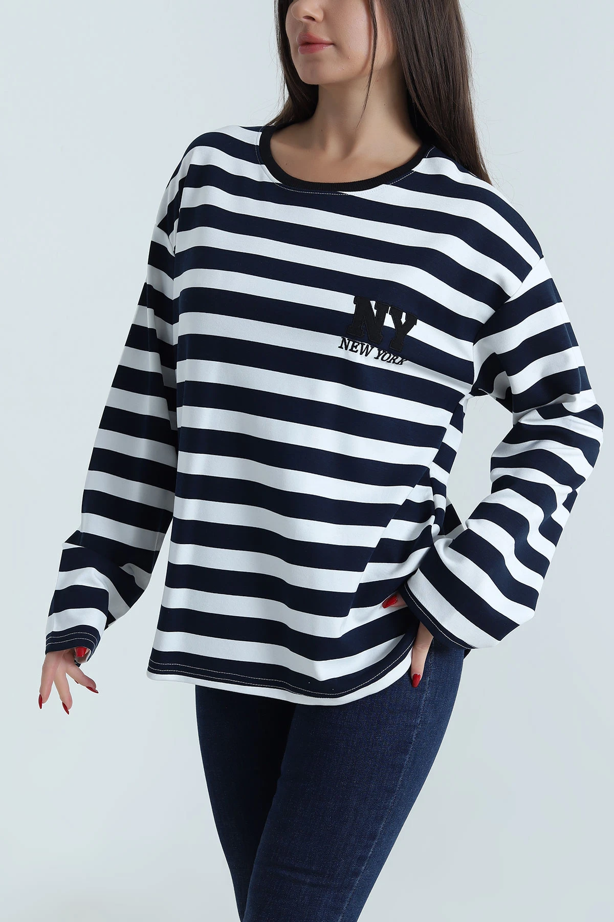 Lacivert Oversize Çizgili Nakışlı Oysho Kadın Sweat 492881