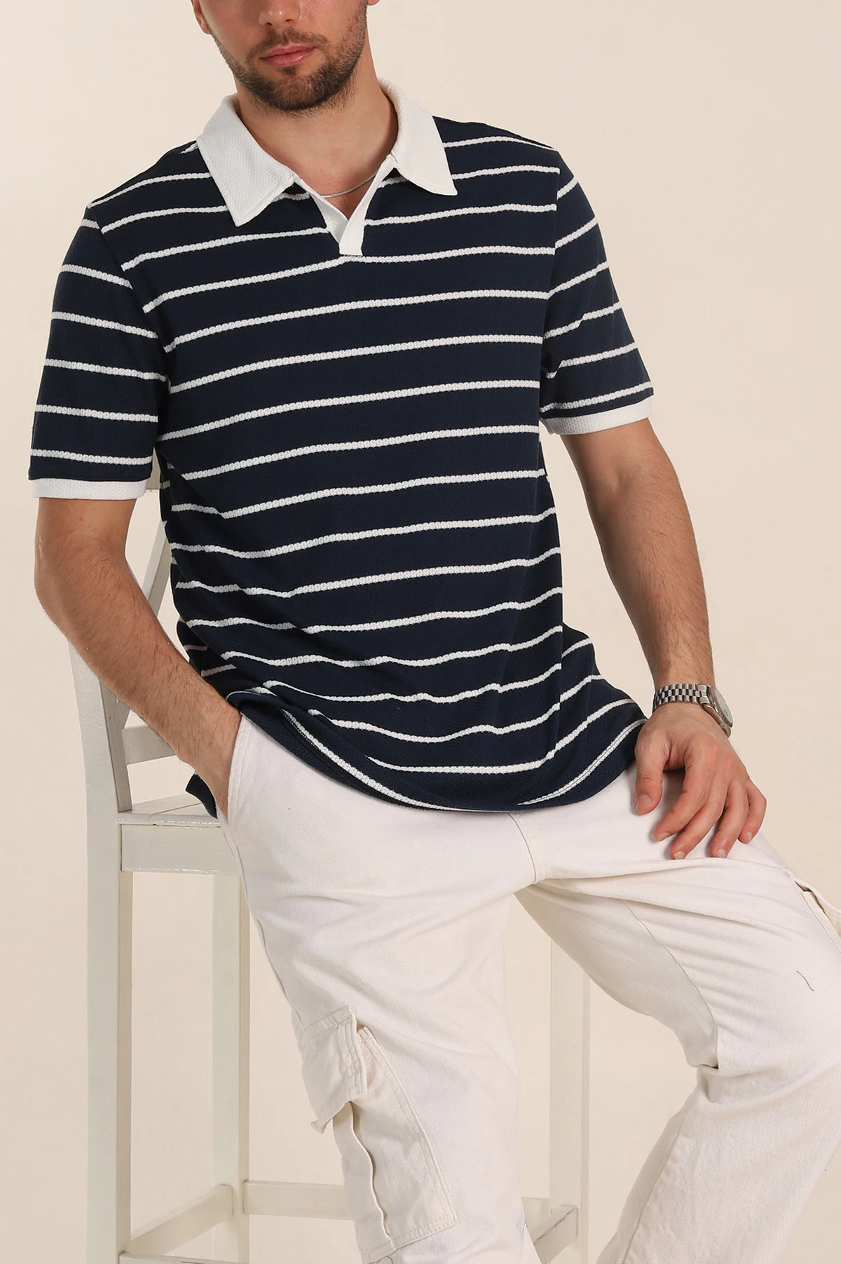 Lacivert Oversize Çizgili Petek Dokulu Polo Yaka Erkek Triko Tişört 354053