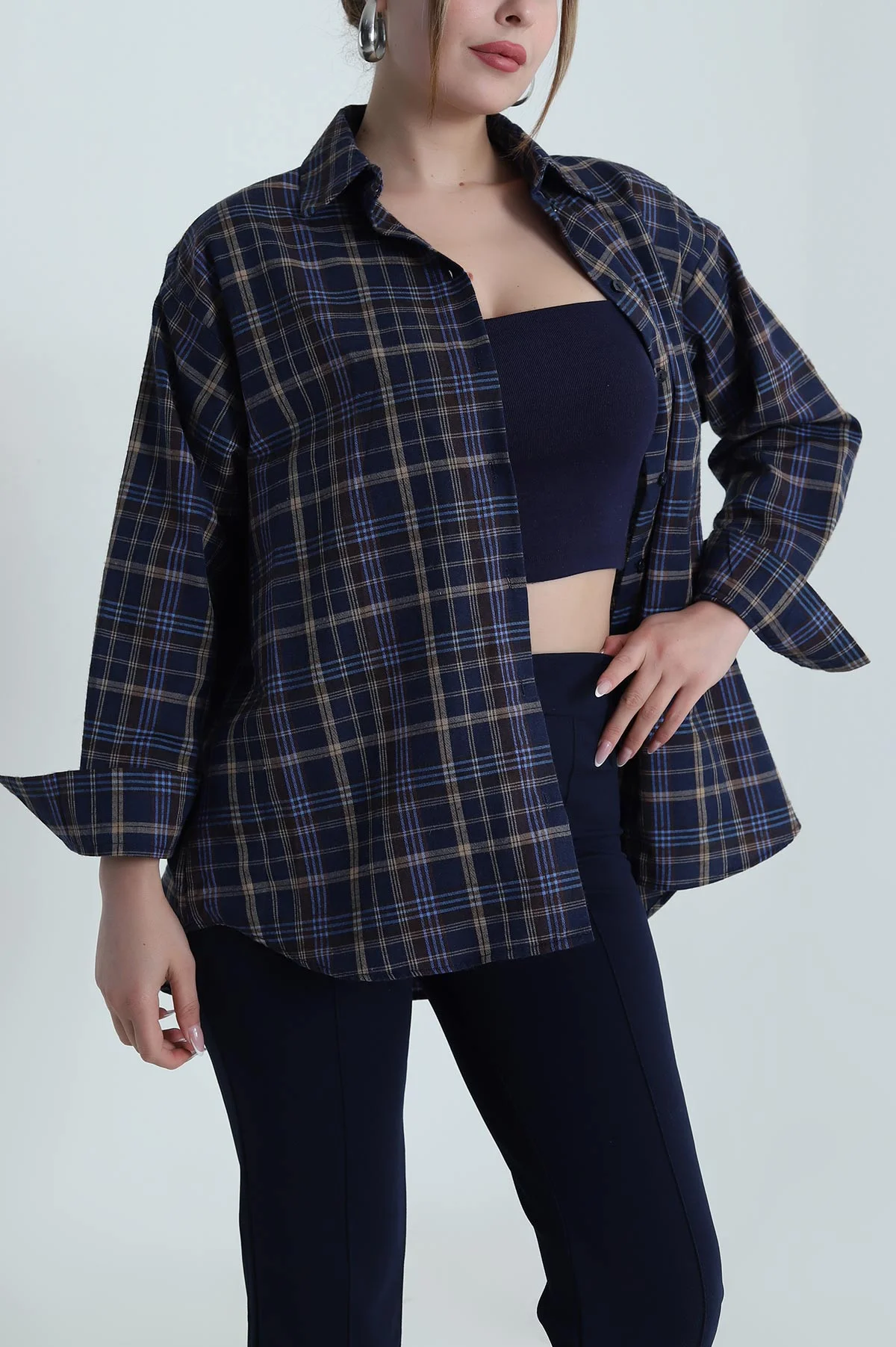 Lacivert Oversize Ekose Kadın Gömlek 485544