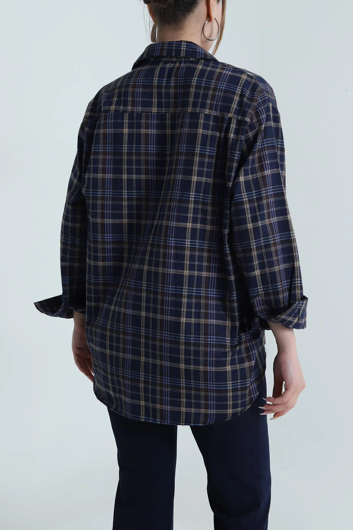 Lacivert Oversize Ekose Kadın Gömlek 485544