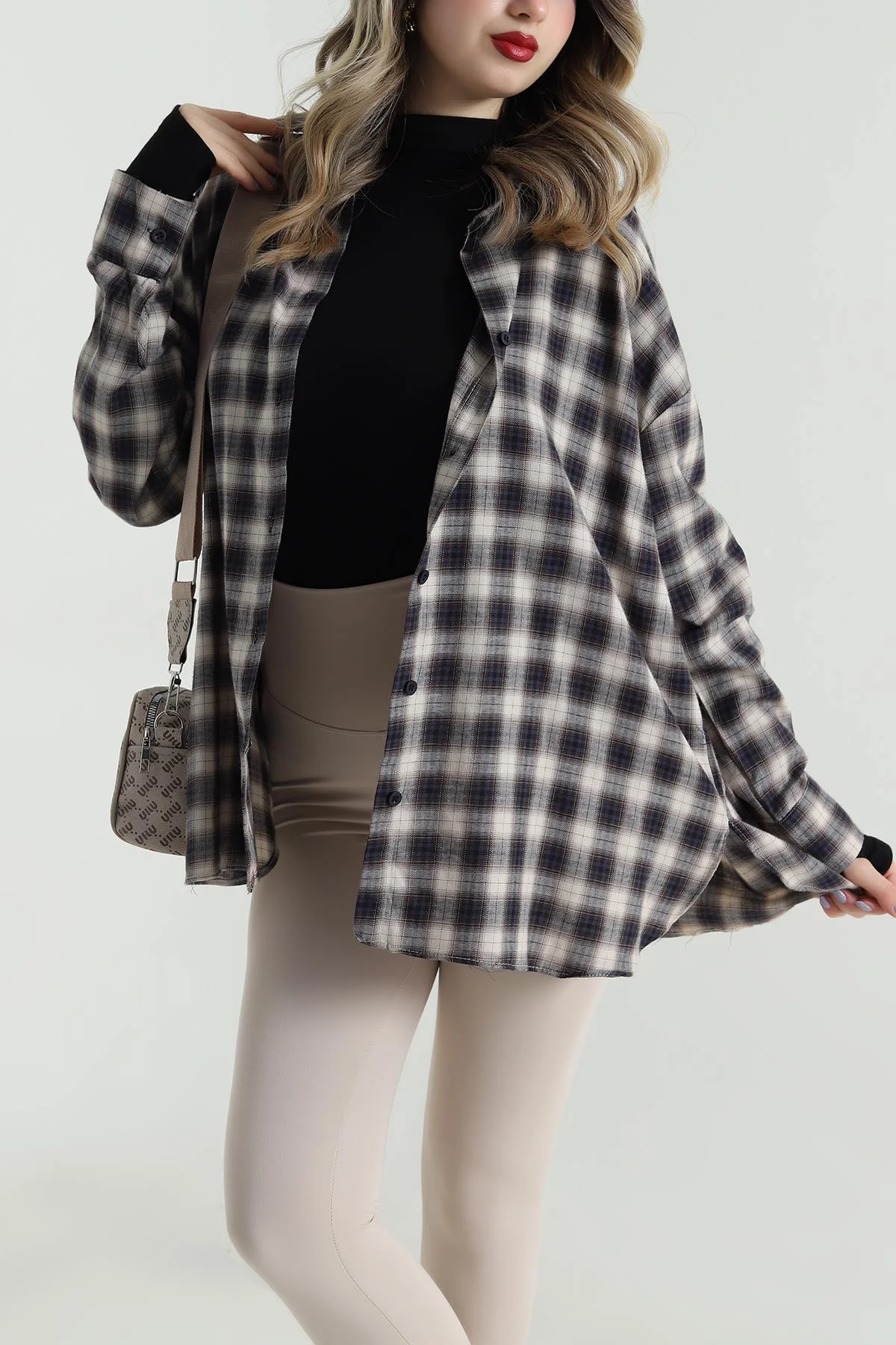 Lacivert Oversize Ekose Kadın Gömlek 496841