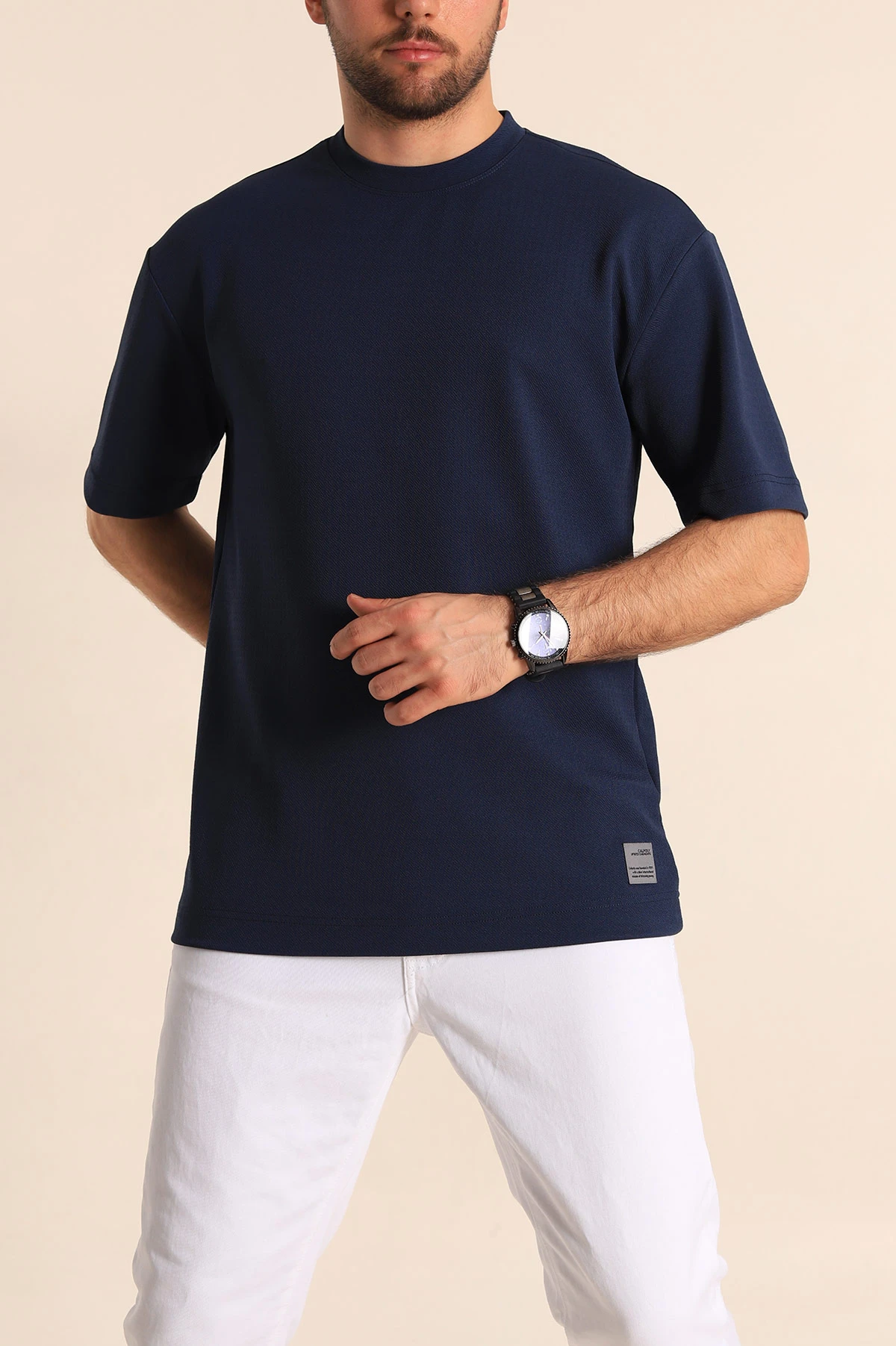 Lacivert Oversize Jakarlı Basic Erkek Tişört 249458