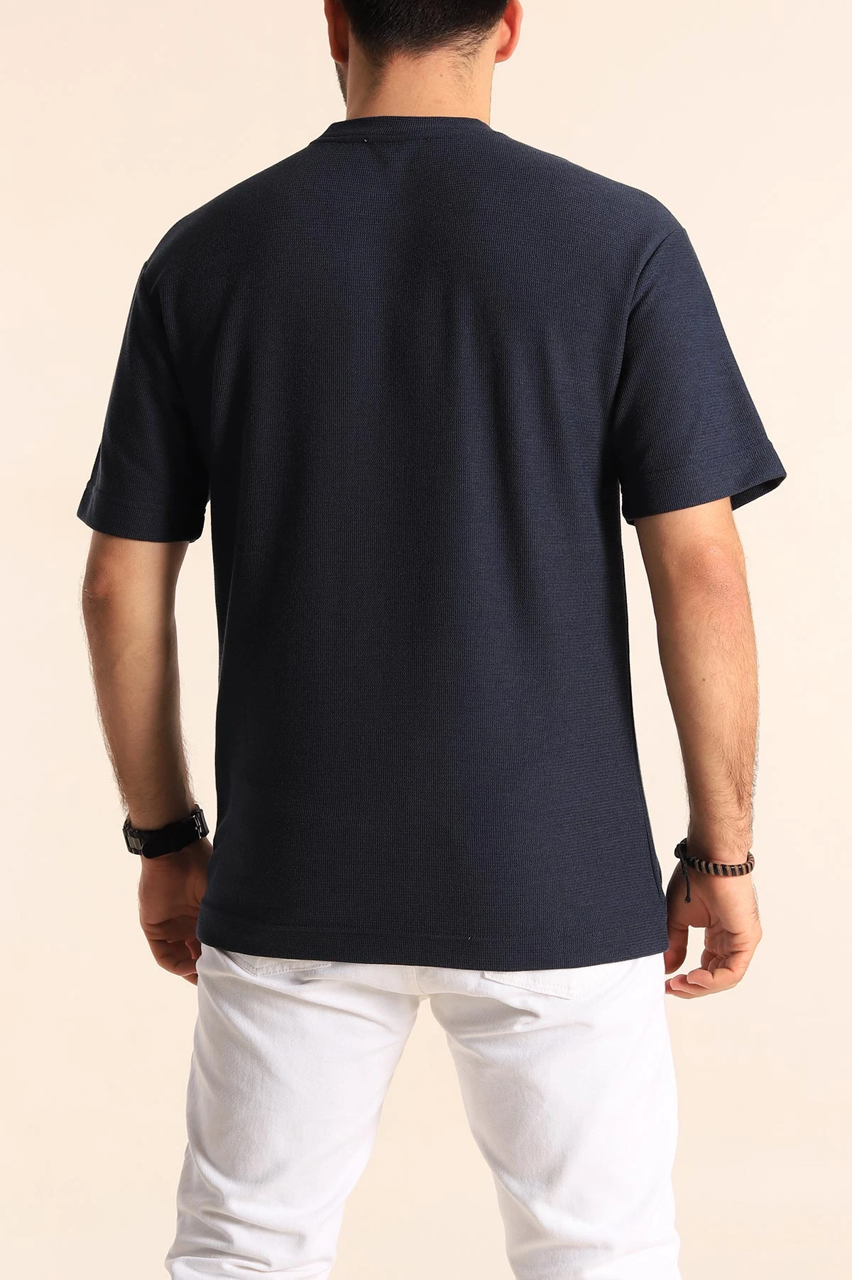Lacivert Oversize Jakarlı Dikiş Detaylı Erkek Tişört 253350