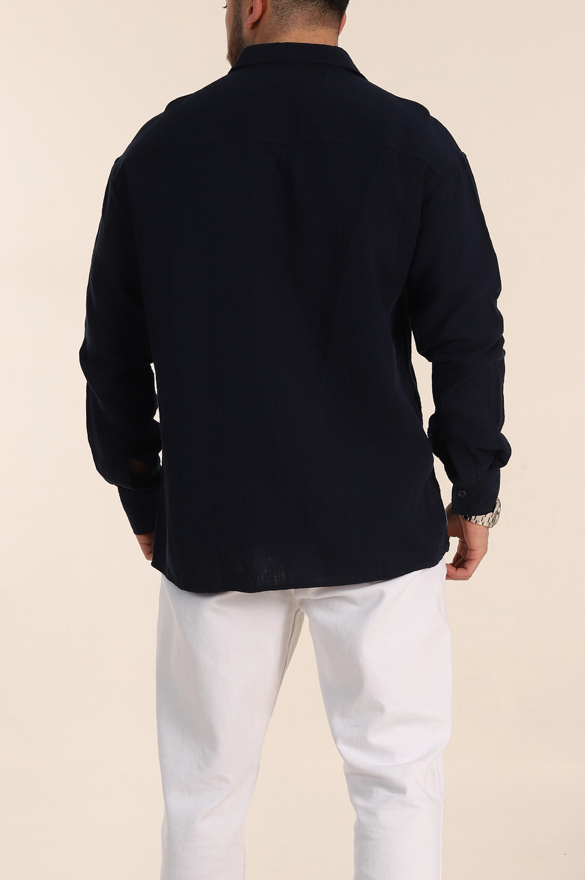 Lacivert Oversize Müslin Keten Uzun Kollu Erkek Gömlek 347736