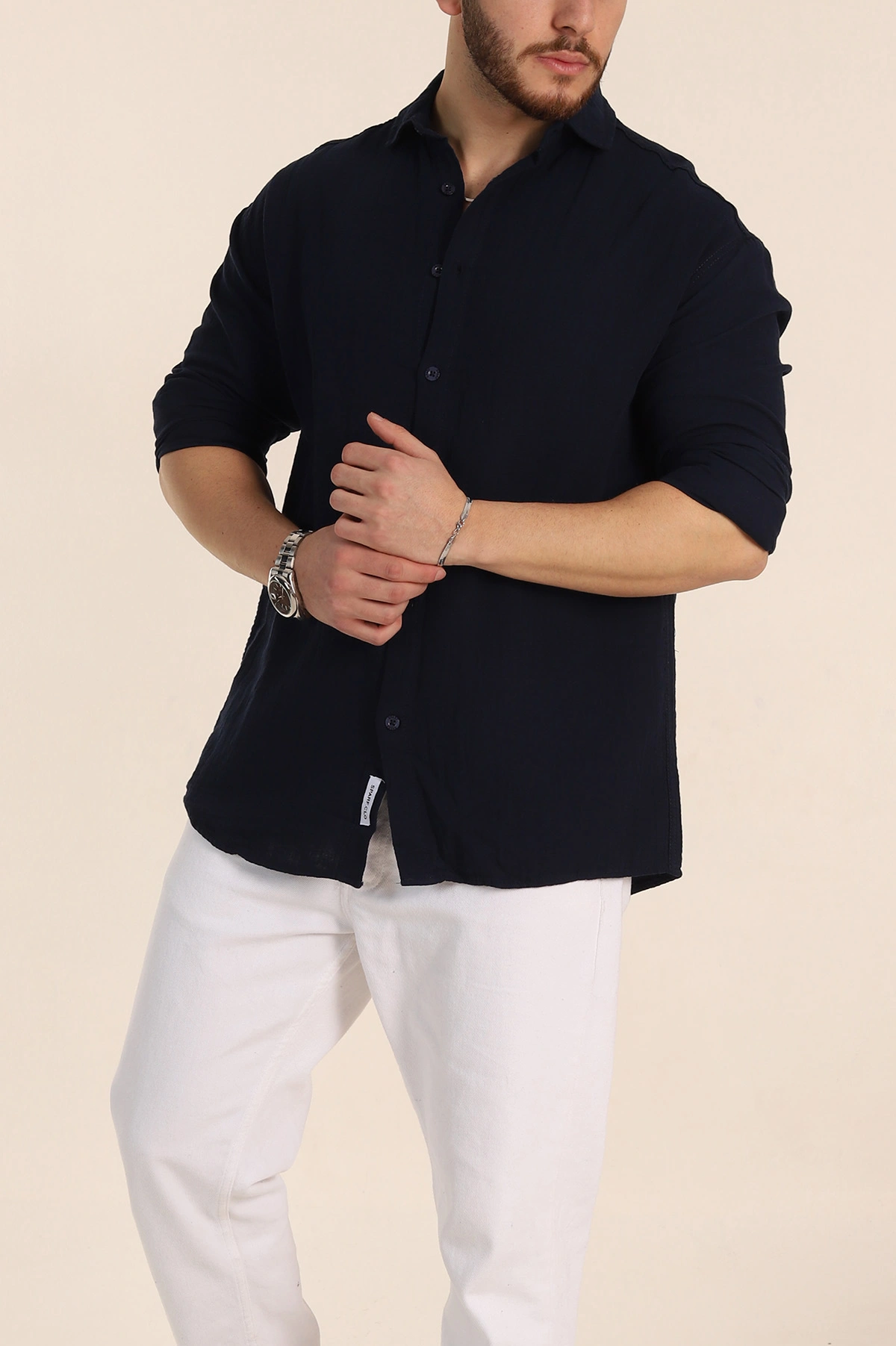 Lacivert Oversize Müslin Keten Uzun Kollu Erkek Gömlek 347736