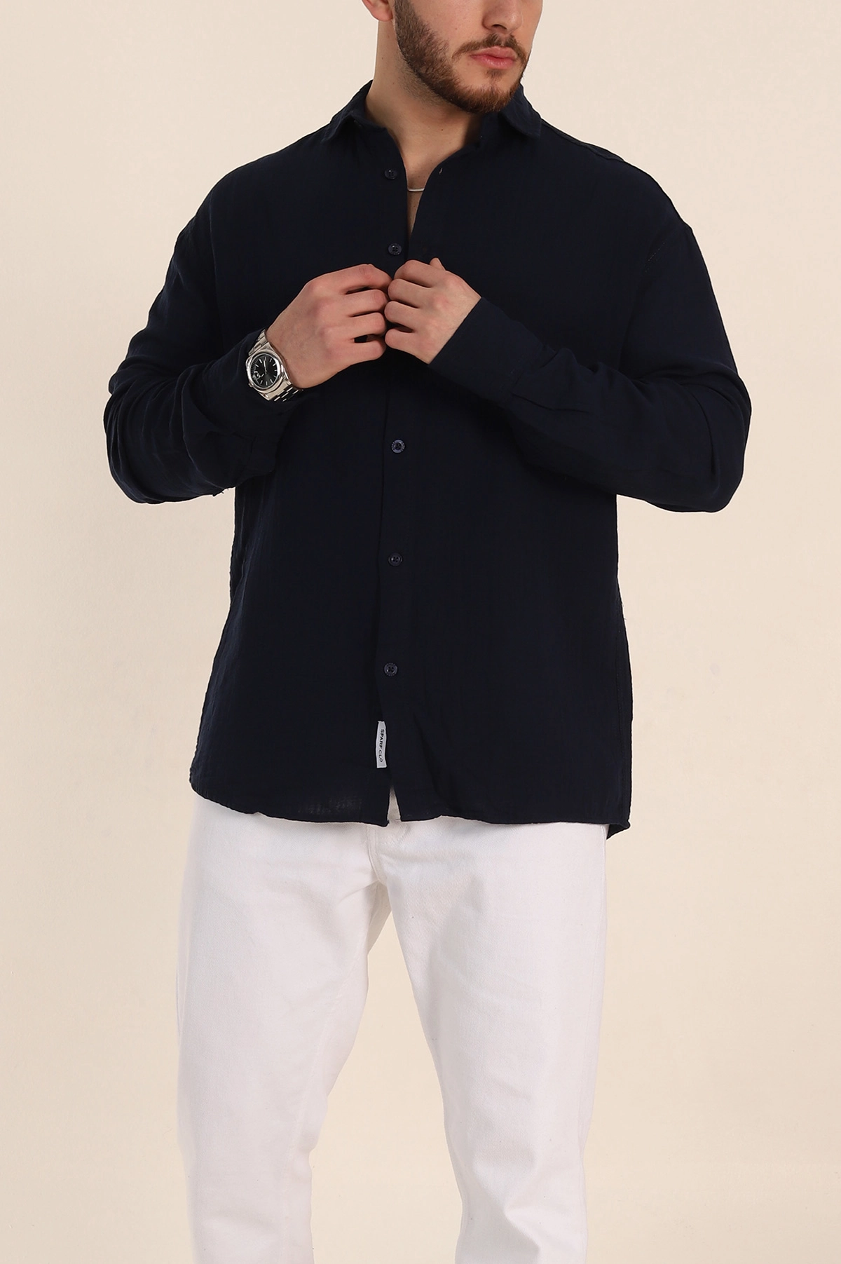 Lacivert Oversize Müslin Keten Uzun Kollu Erkek Gömlek 347736