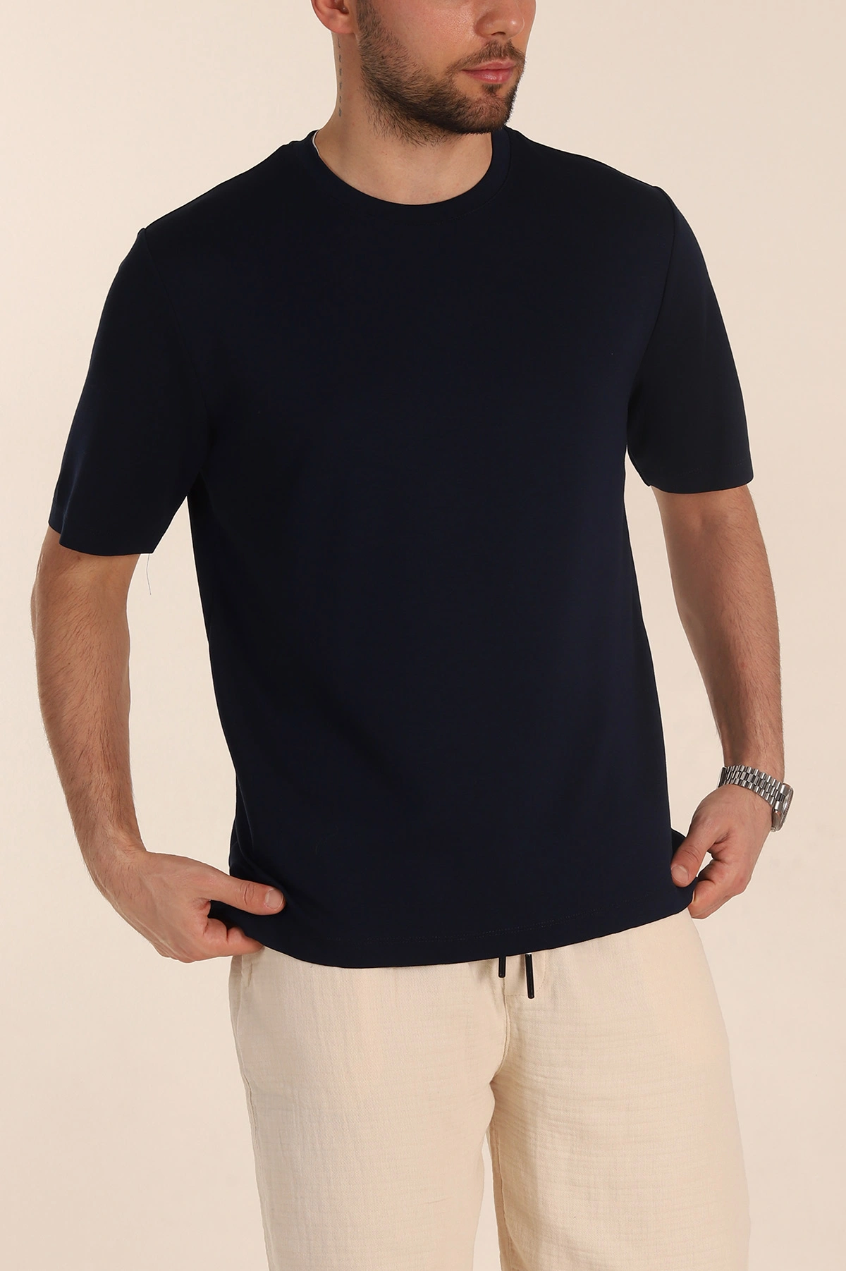 Lacivert Oversize Oysho Kumaş Yırtmaç Detaylı Basic Erkek Tişört 354221