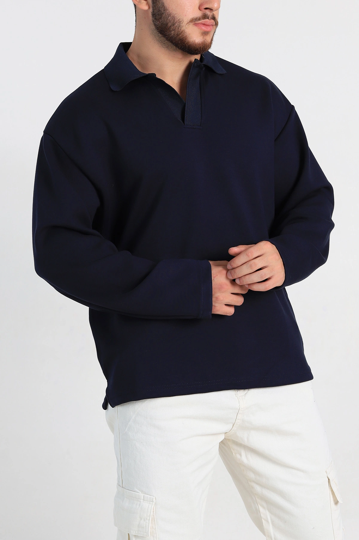 Lacivert Oversize Polo Yaka Erkek Sweatshirt 306970