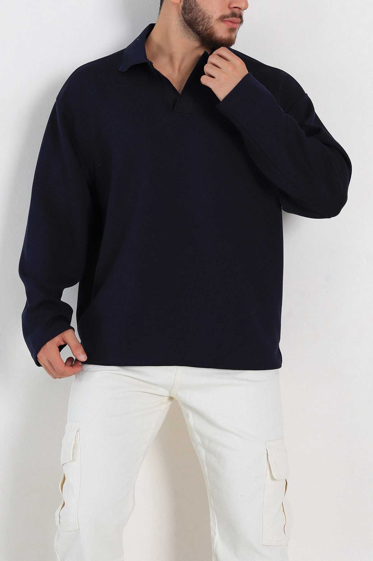 Lacivert Oversize Polo Yaka Erkek Sweatshirt 306970