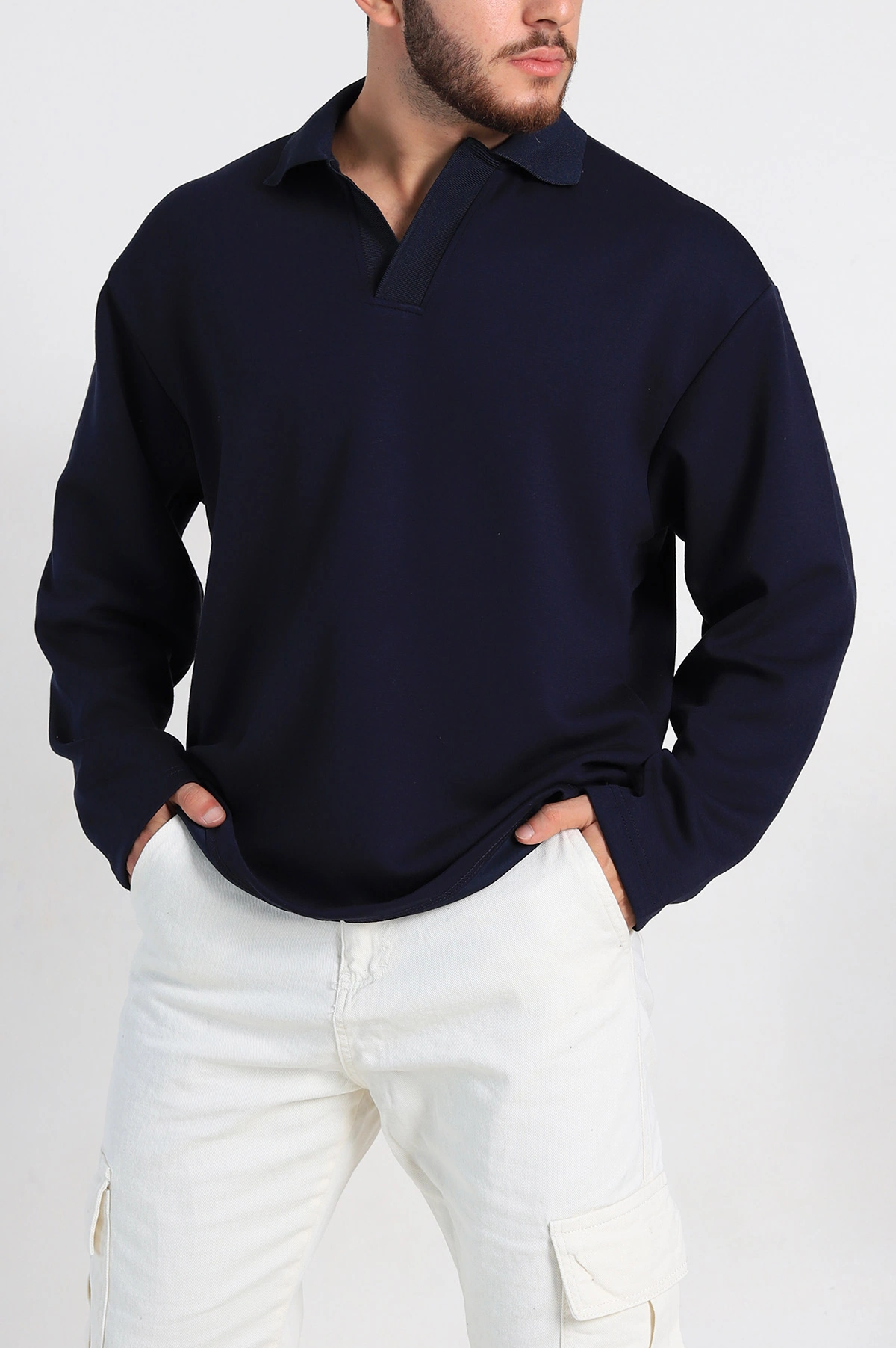Lacivert Oversize Polo Yaka Erkek Sweatshirt 306970
