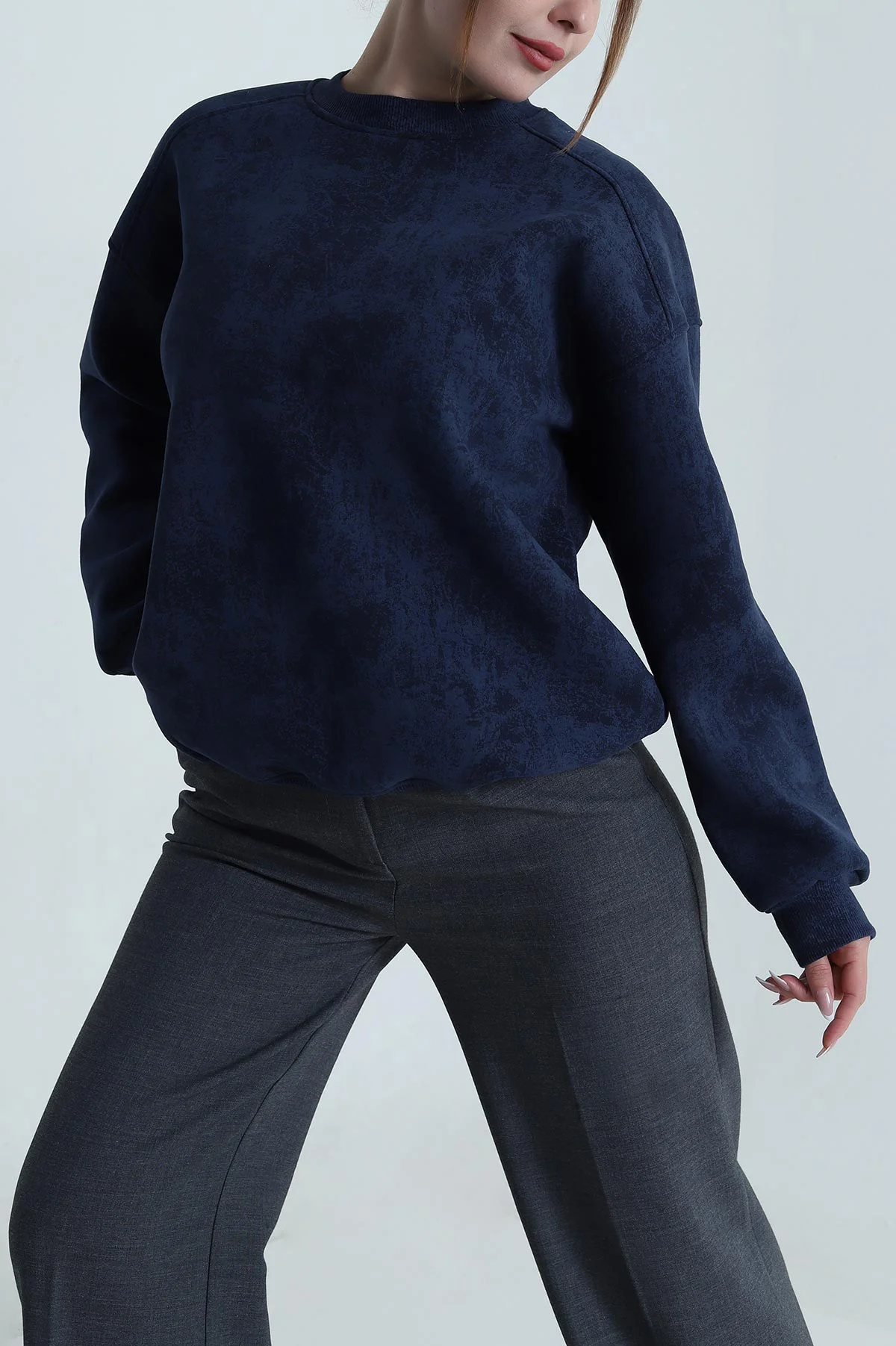 Lacivert Oversize Şardonlu Üç İp Kadın Sweat 486706