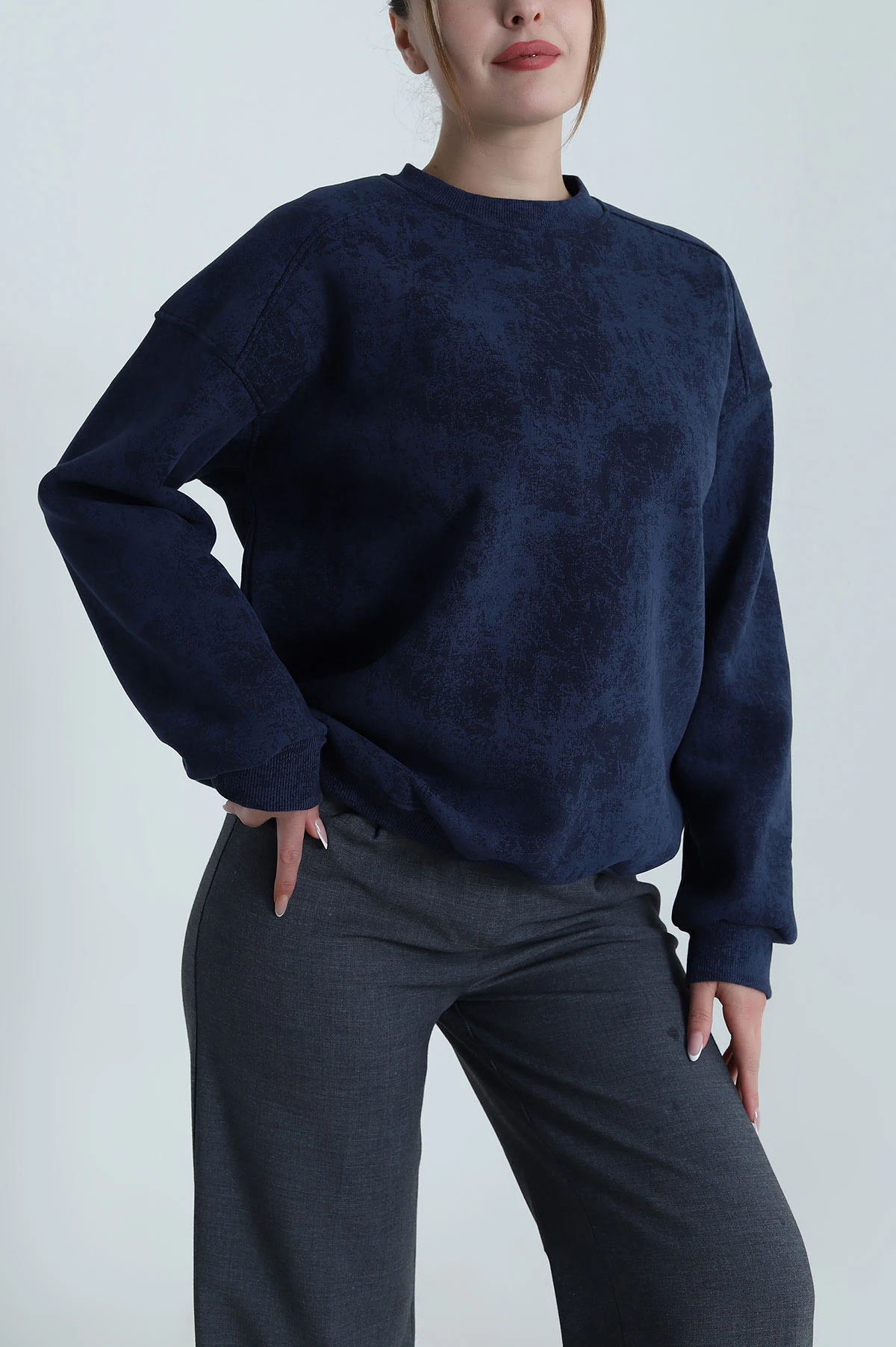 Lacivert Oversize Şardonlu Üç İp Kadın Sweat 486706