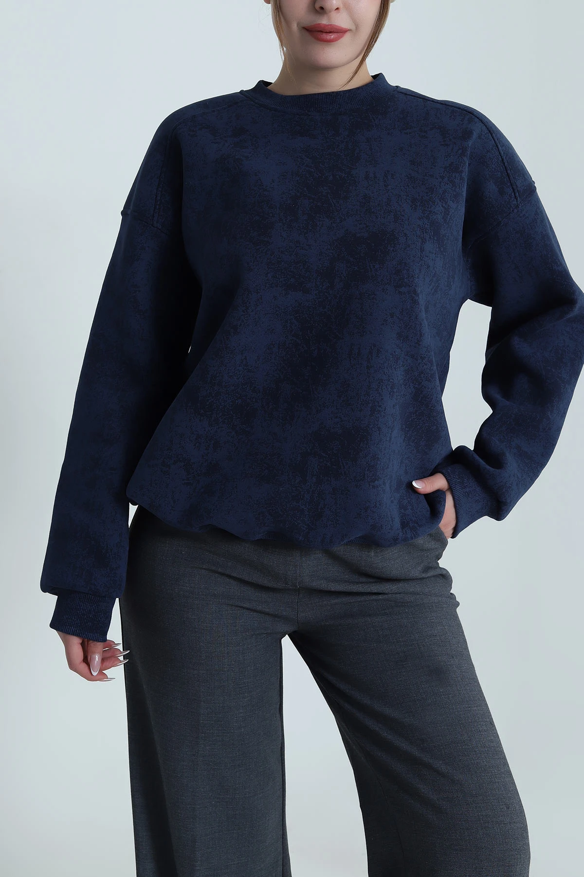 Lacivert Oversize Şardonlu Üç İp Kadın Sweat 486706