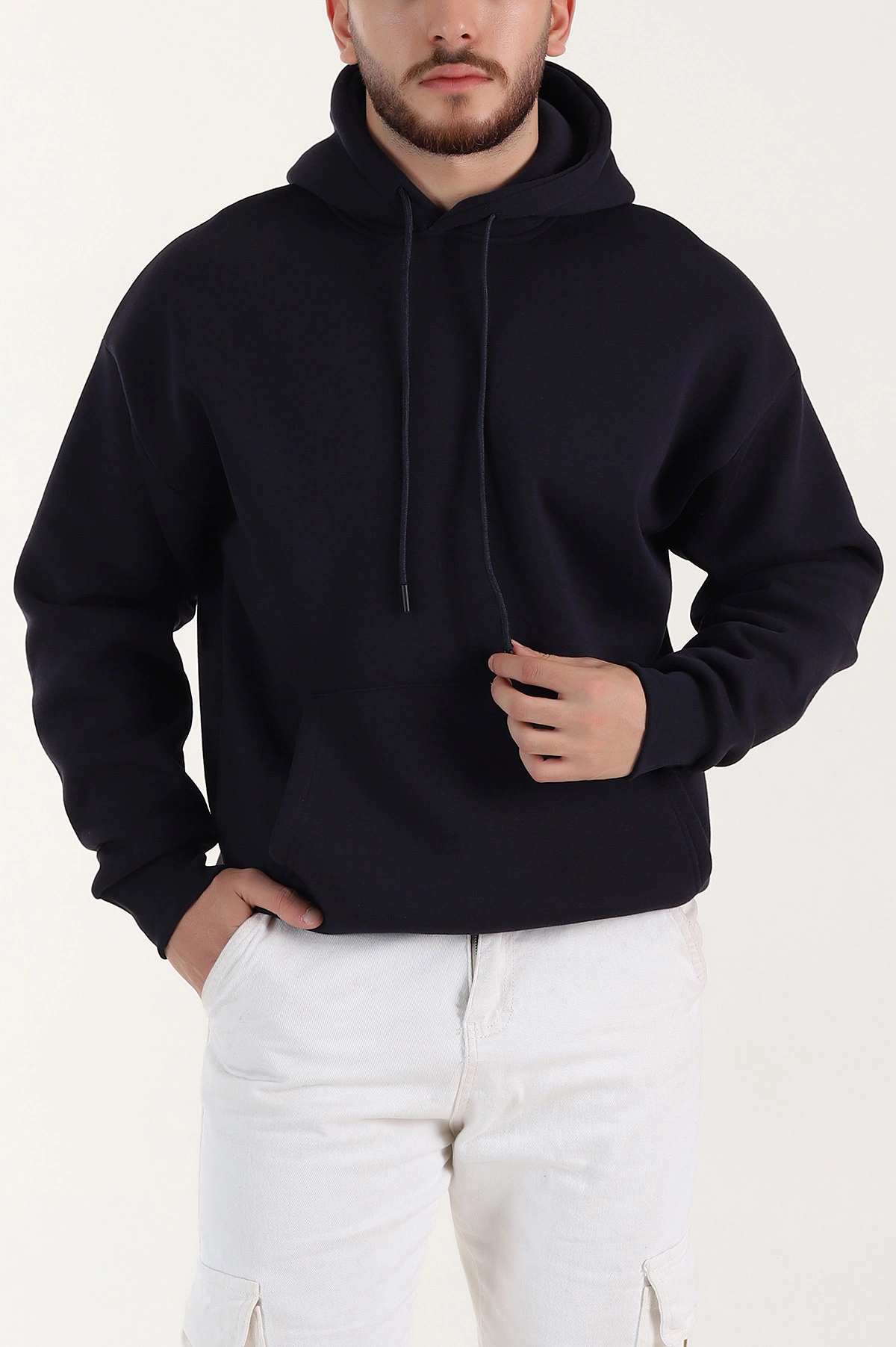 Lacivert Oversize Üç İp Şardonlu Erkek Basic Kapüşonlu Sweatshirt 398909