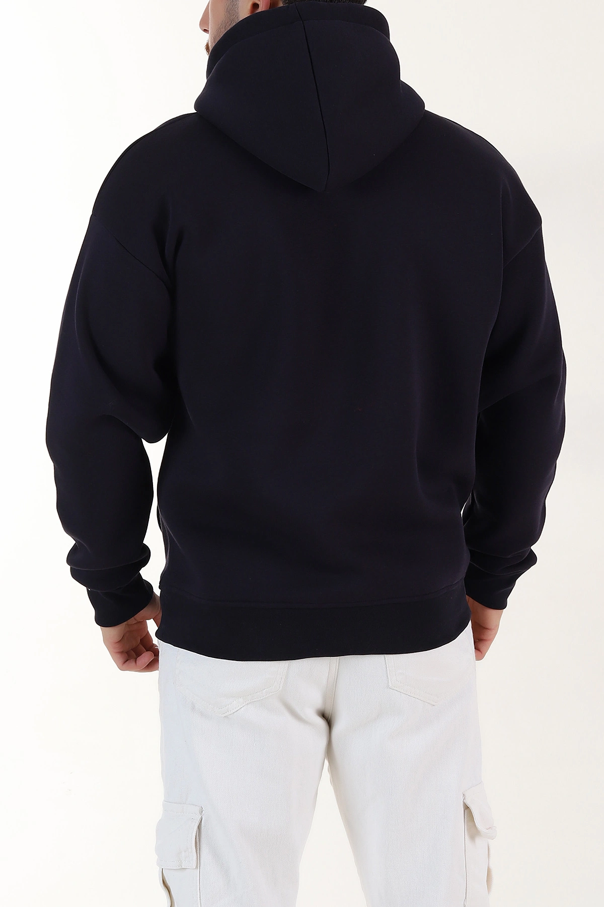 Lacivert Oversize Üç İp Şardonlu Erkek Basic Kapüşonlu Sweatshirt 398909