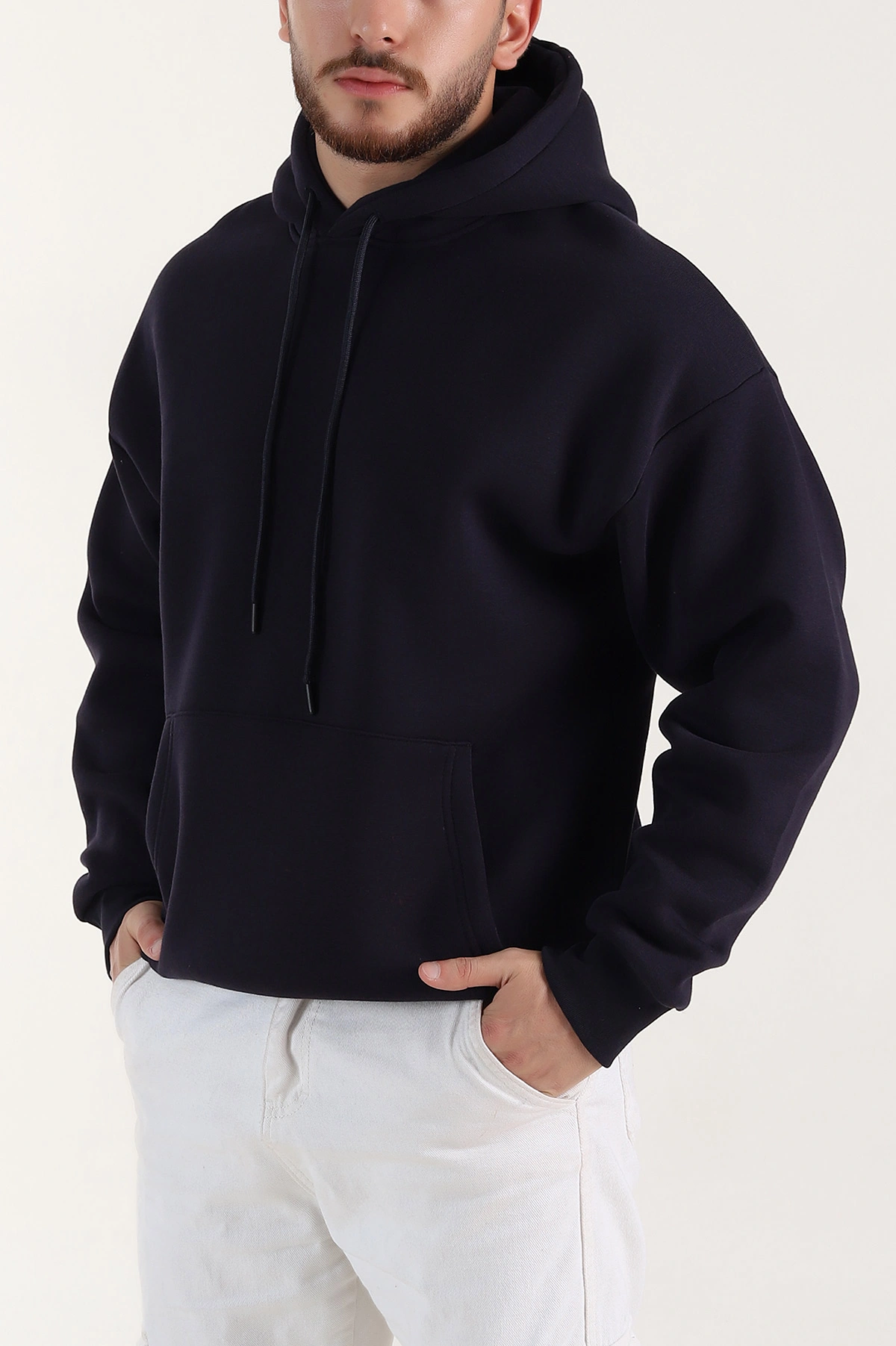 Lacivert Oversize Üç İp Şardonlu Erkek Basic Kapüşonlu Sweatshirt 398909