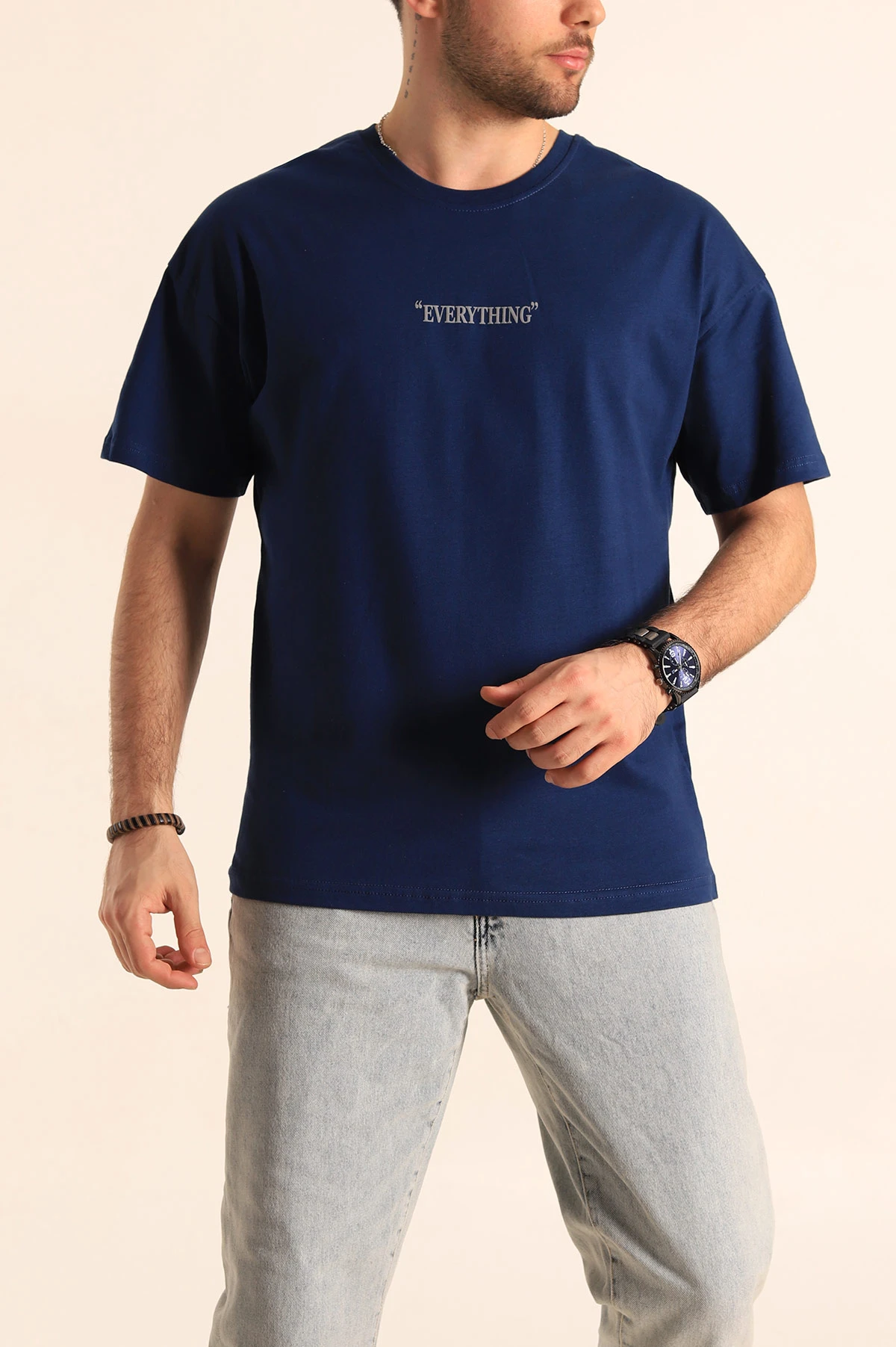 Lacivert Oversize Yazı Detay Erkek Tişört 247983