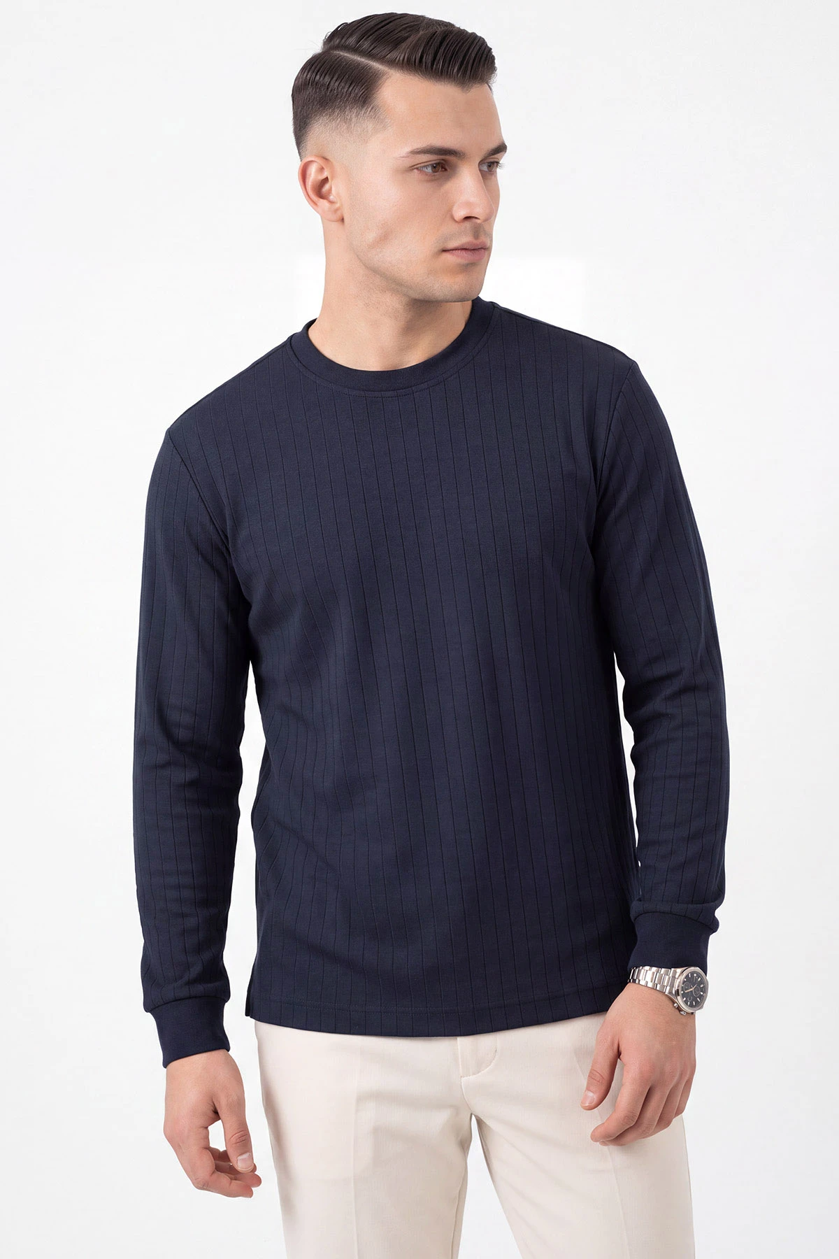 Lacivert Oysho Kumaş Çizgili Erkek Sweatshirt 482839