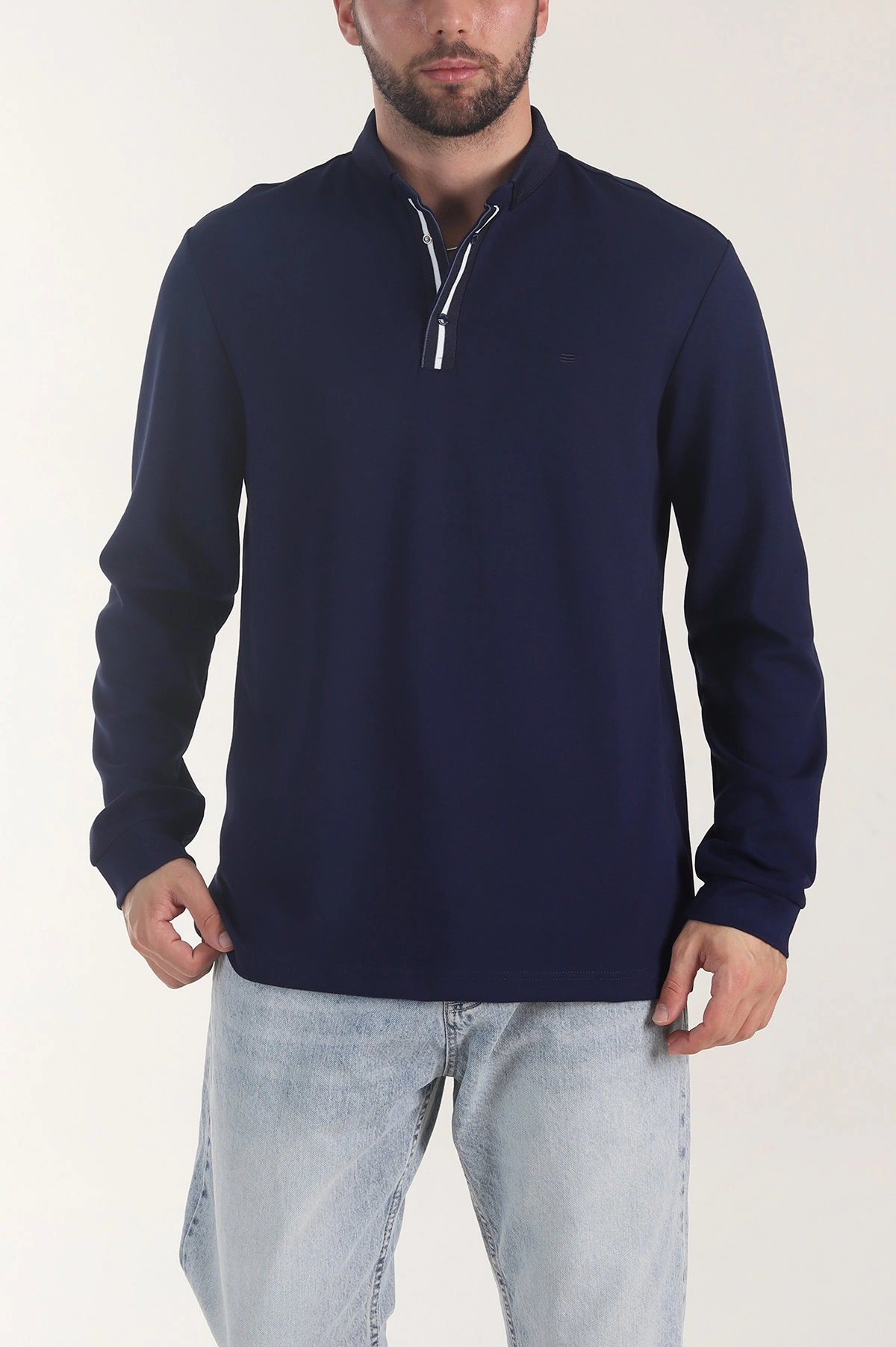 Lacivert Oysho Kumaş Düğmeli Polo Yaka Erkek Sweatshirt 406023