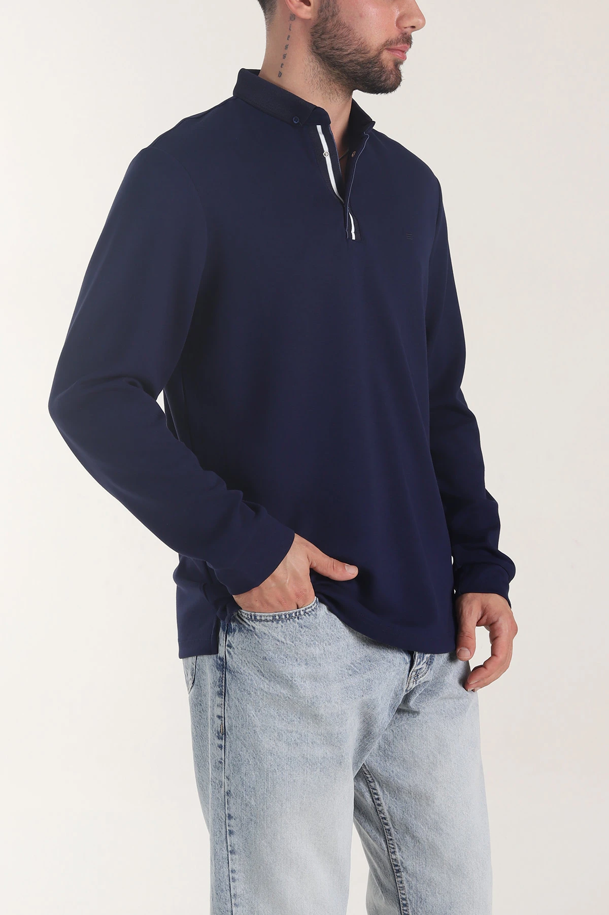 Lacivert Oysho Kumaş Düğmeli Polo Yaka Erkek Sweatshirt 406023