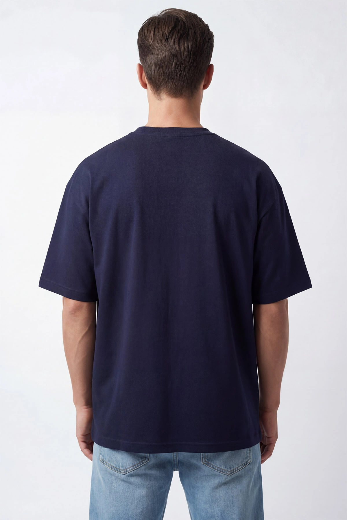 Koyu Lacivert Oysho Kumaş Oversize Bisiklet Yaka Erkek Tişört 438914