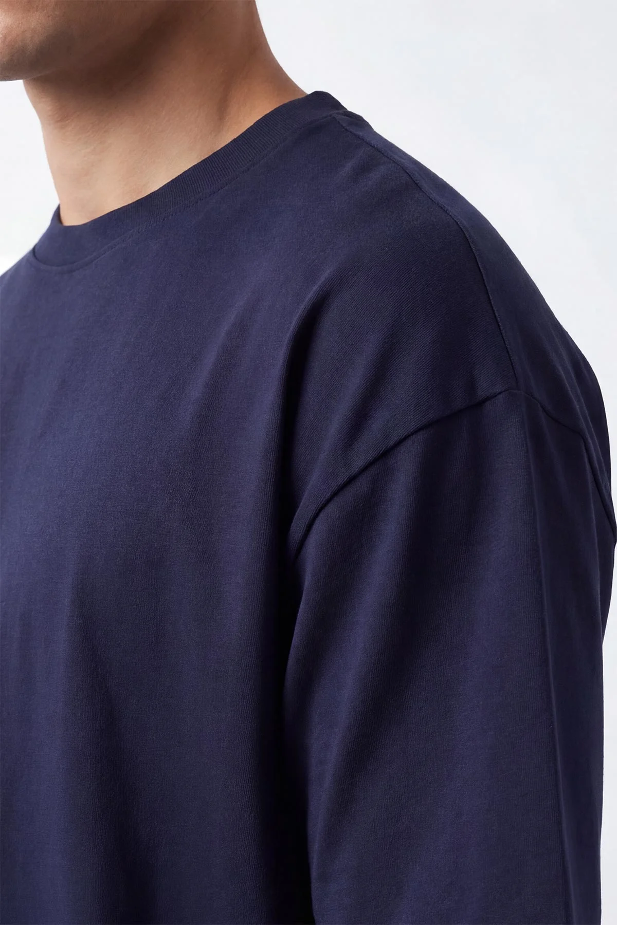 Koyu Lacivert Oysho Kumaş Oversize Bisiklet Yaka Erkek Tişört 438914