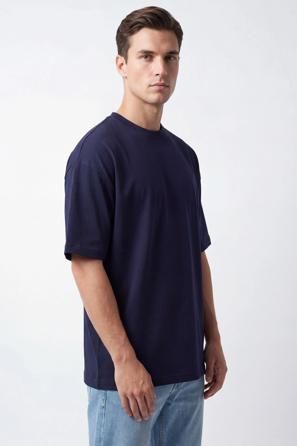 Koyu Lacivert Oysho Kumaş Oversize Bisiklet Yaka Erkek Tişört 438914