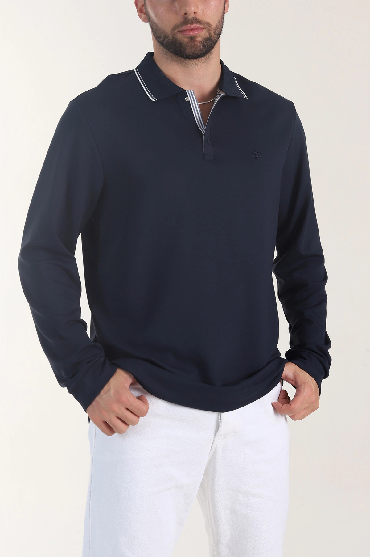Lacivert Oysho Kumaş Polo Yaka Çıt Çıtlı Erkek Sweatshirt 406049