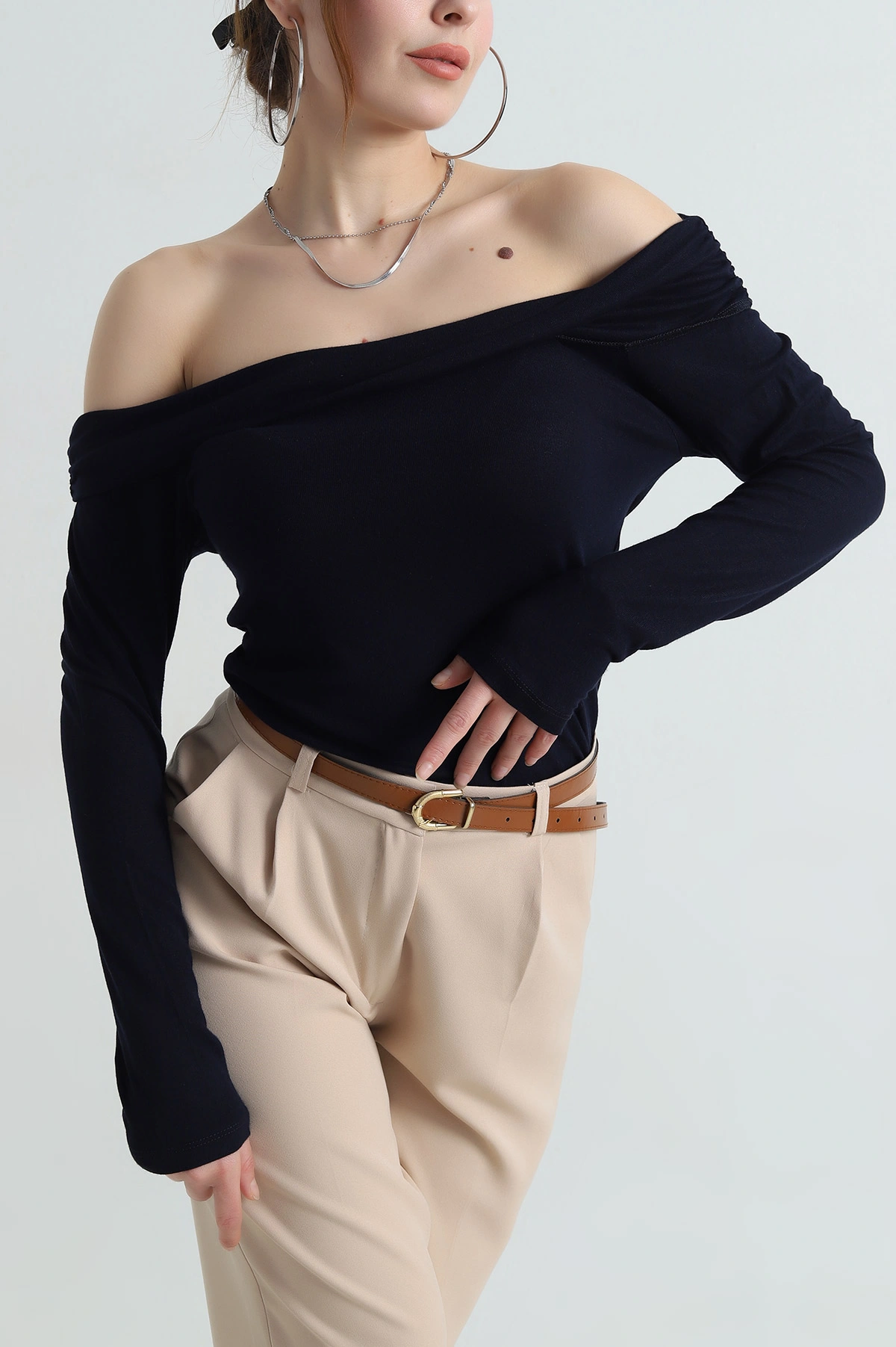 Lacivert Oysho Madonna Yaka Kadın Bluz 417151
