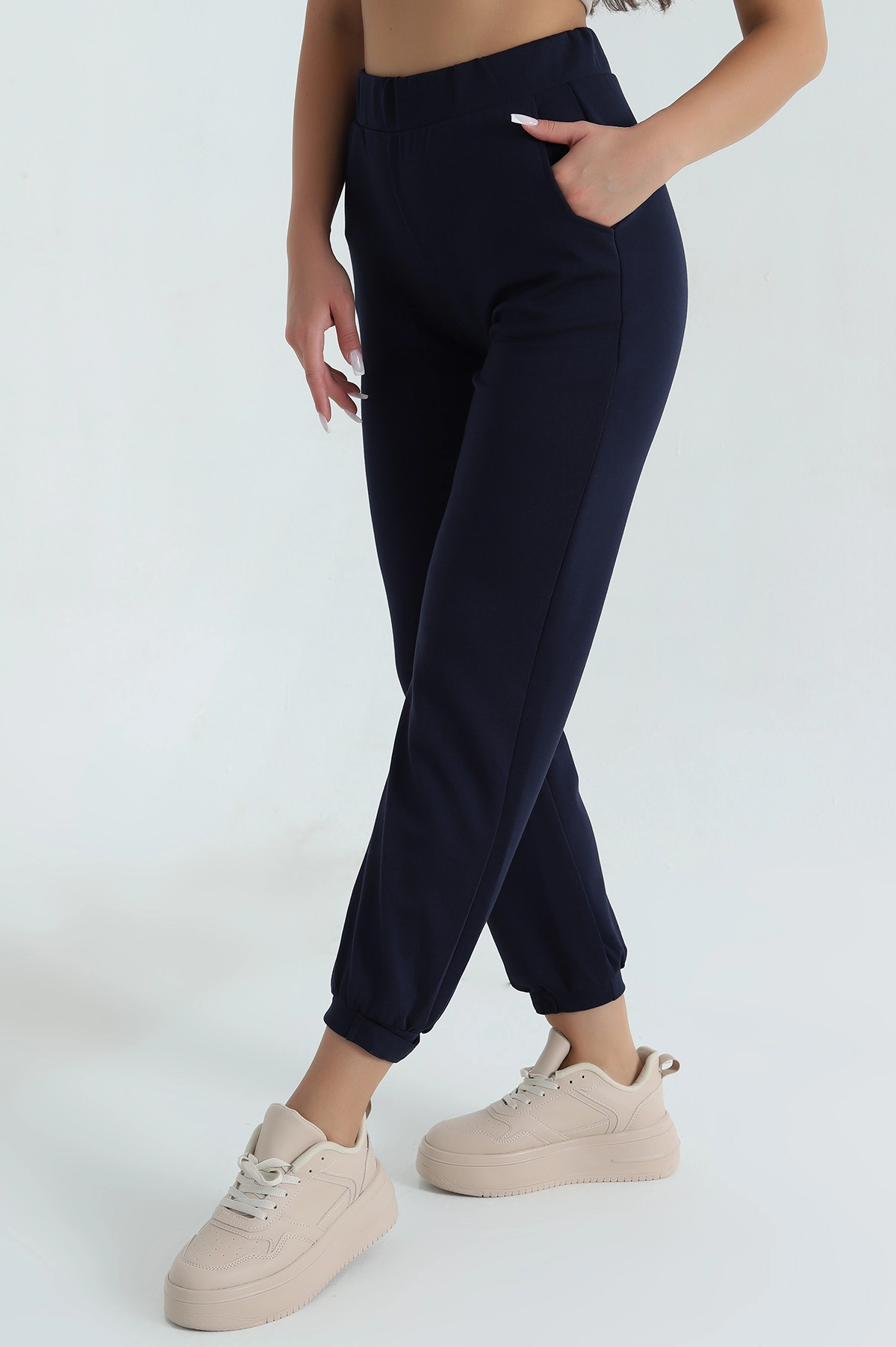 Lacivert Paça Çıtçıtlı Modal Kadın Pantolon 381467