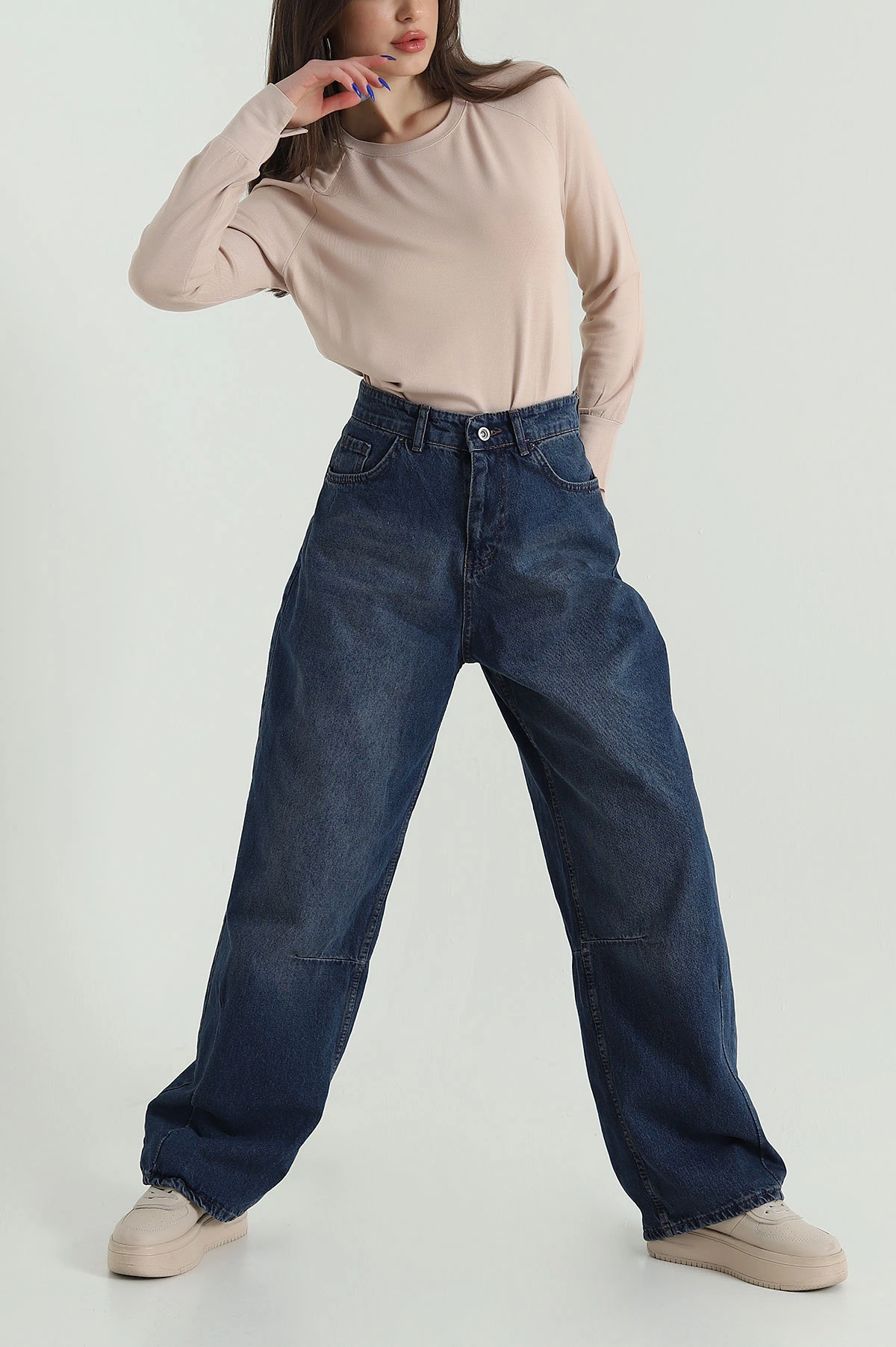 Lacivert Paça Pileli Baggy Kadın Kot Pantolon 427477