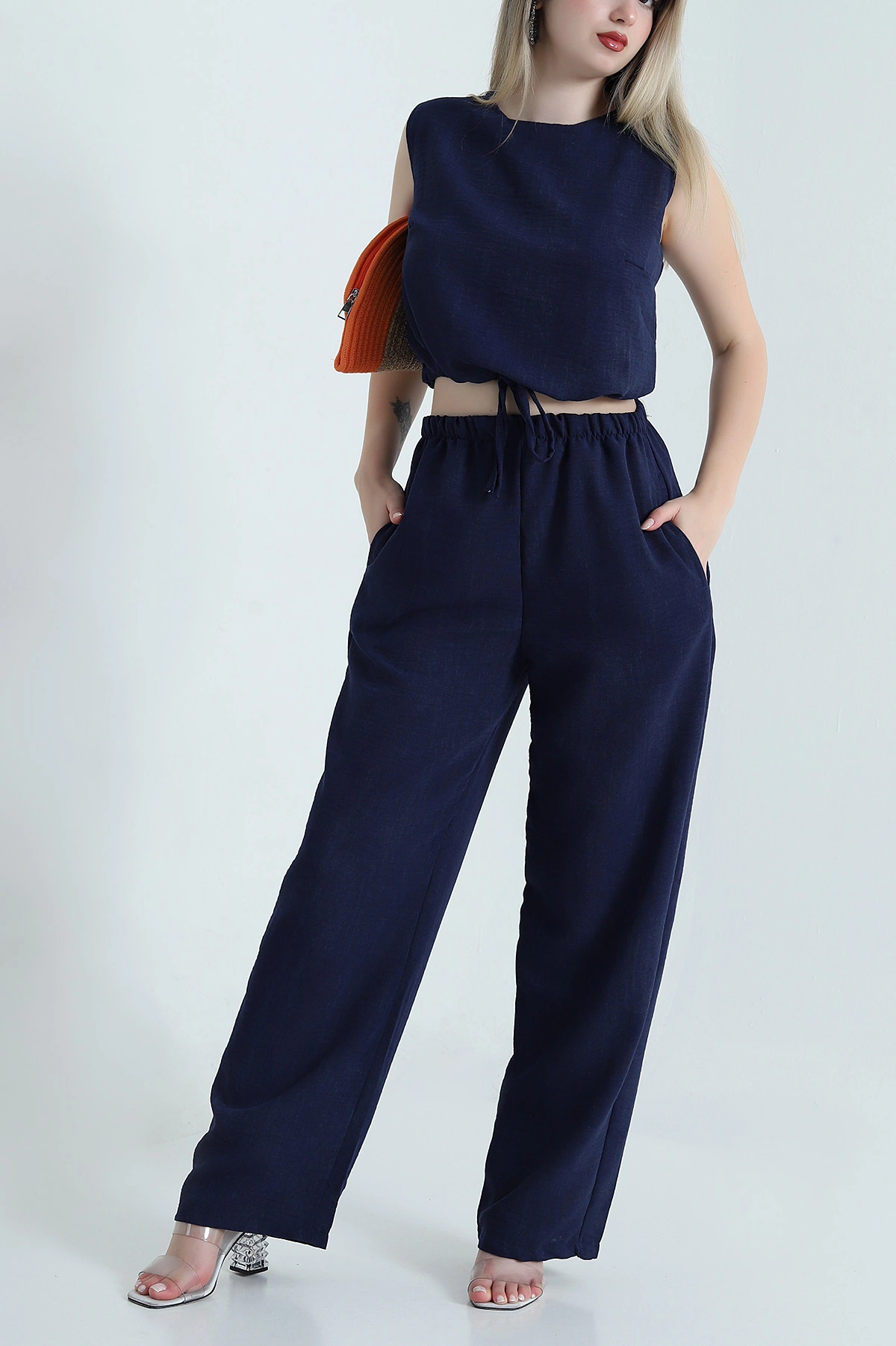 Lacivert Pantolon Bluz Keten Kadın İkili Takım 465869