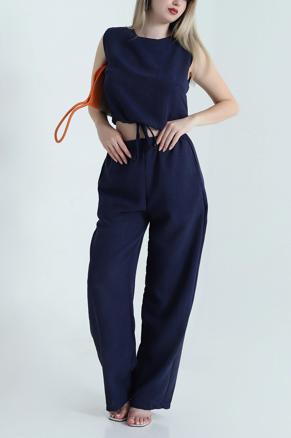 Lacivert Pantolon Bluz Keten Kadın İkili Takım 465869