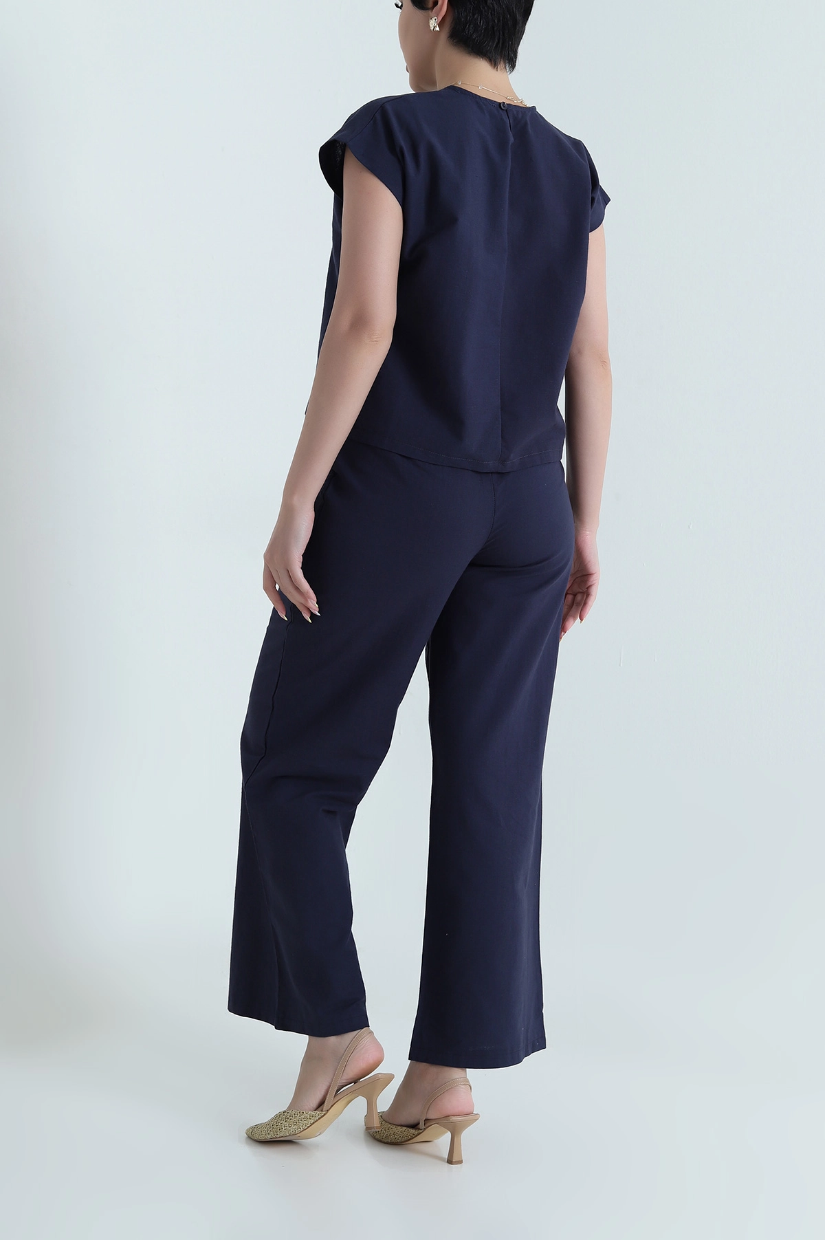 Lacivert Pantolon Bluz Keten Kadın İkili Takım 466178