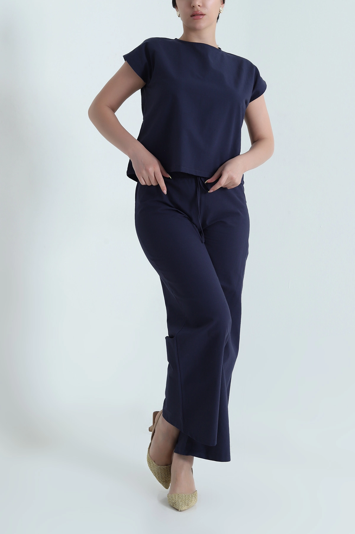 Lacivert Pantolon Bluz Keten Kadın İkili Takım 466178