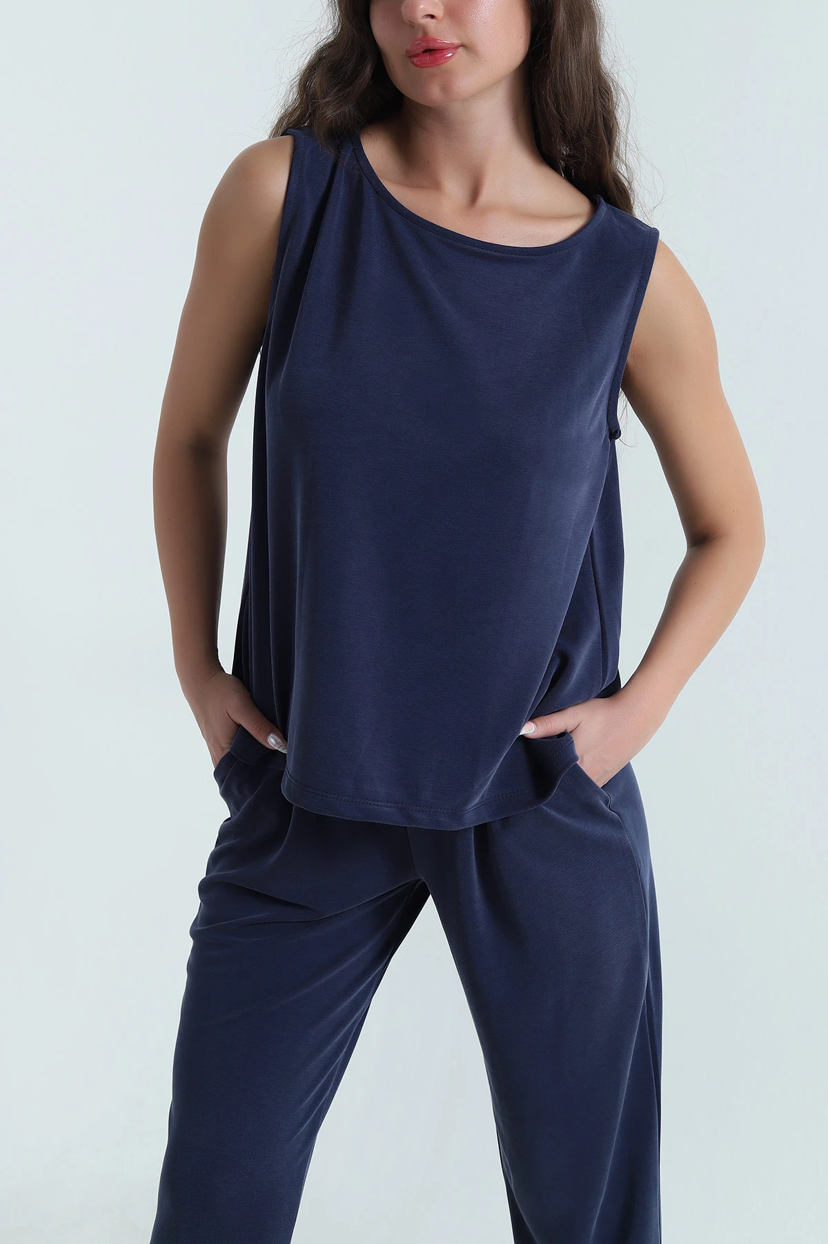 Lacivert Pantolon Bluz Pike Modal Kadın İkili Takım 469541