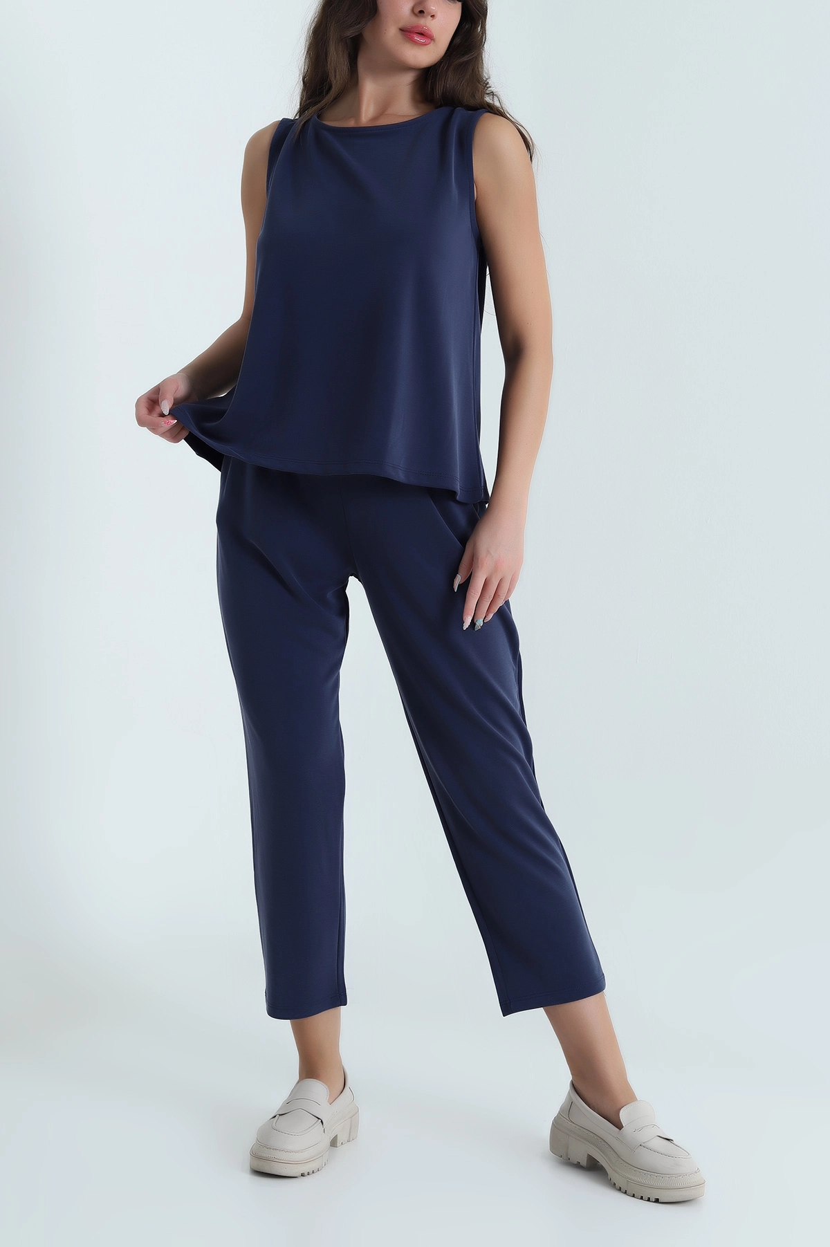 Lacivert Pantolon Bluz Pike Modal Kadın İkili Takım 469541