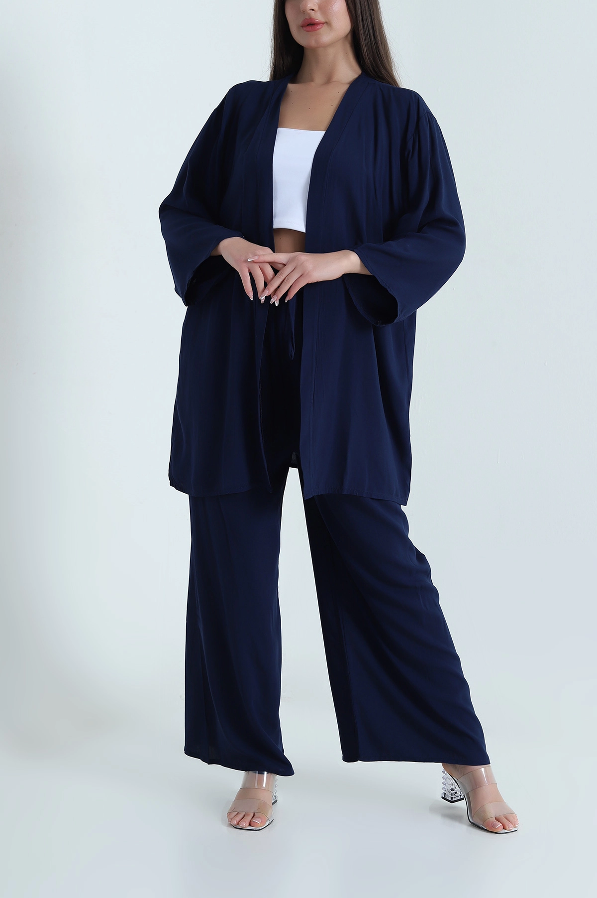 Lacivert Pantolon Kimono Dokuma Kadın İkili Takım 460349
