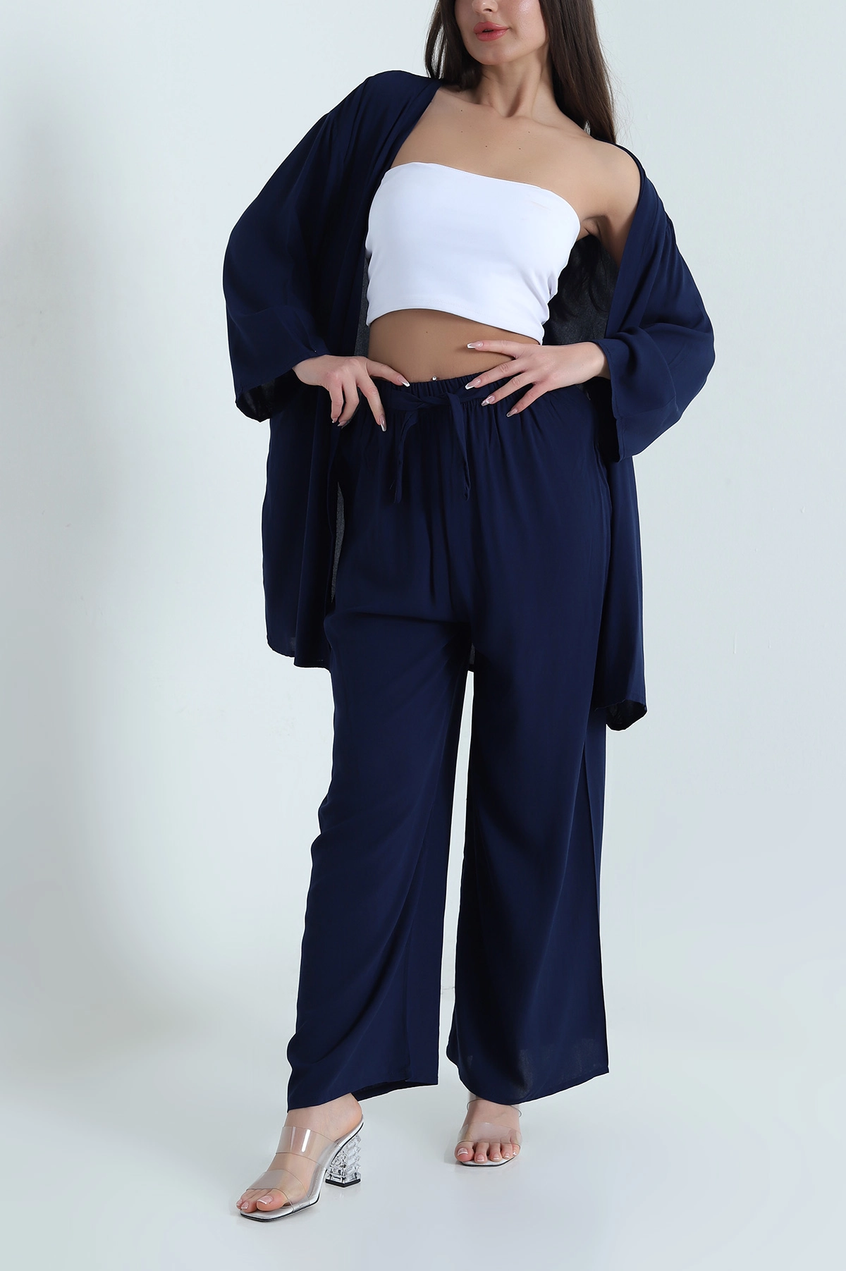 Lacivert Pantolon Kimono Dokuma Kadın İkili Takım 460349