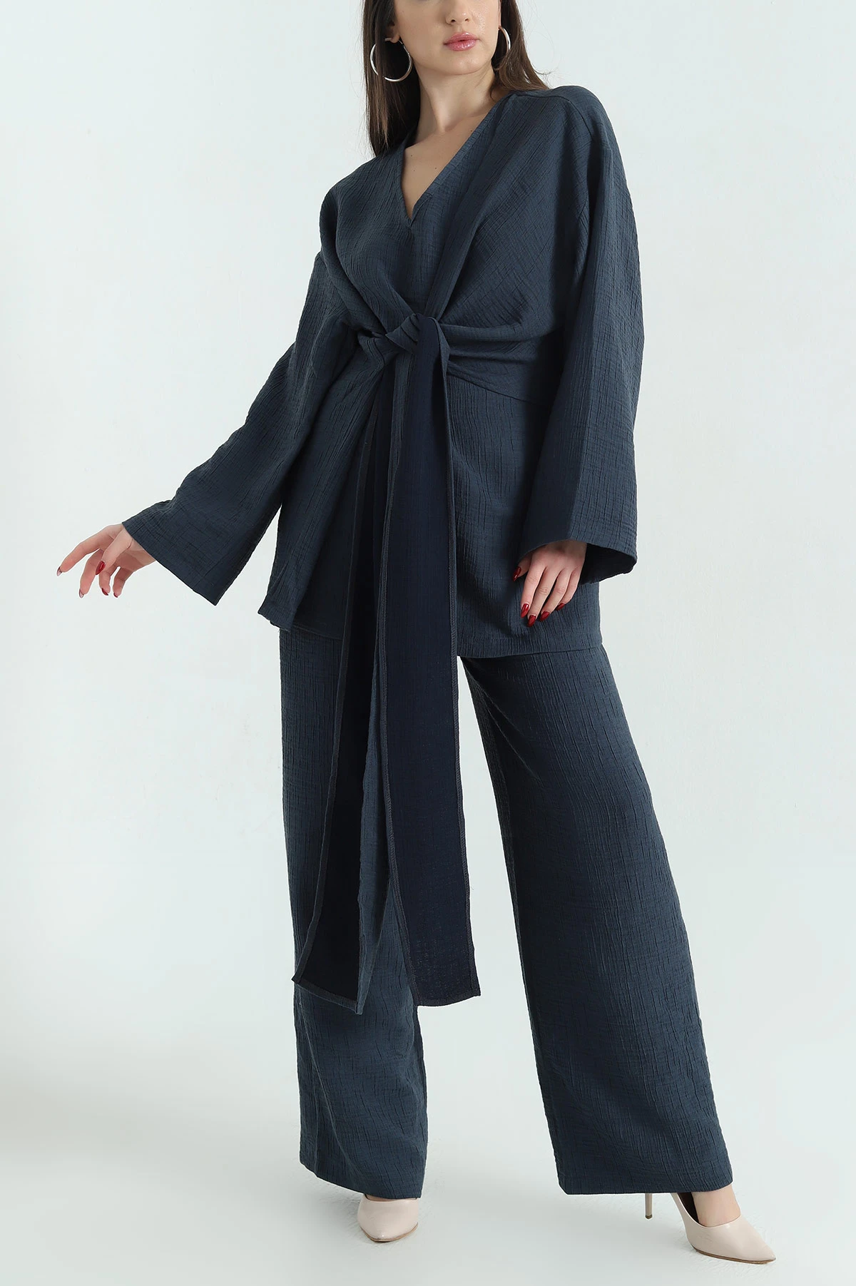 Lacivert Pantolon Kimono Keten Bayan İkili Takım 335073