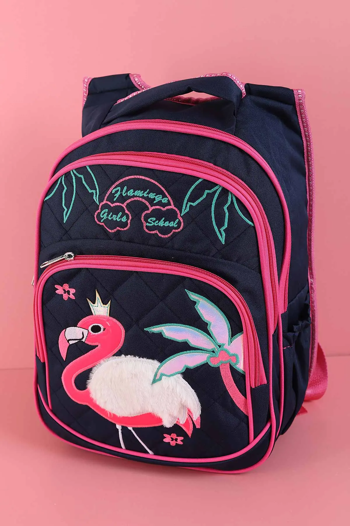 Lacivert Peluş Flamingo Kabartma Desenli Beslenme Çantalı İkili Sırt Çantası Seti 288990