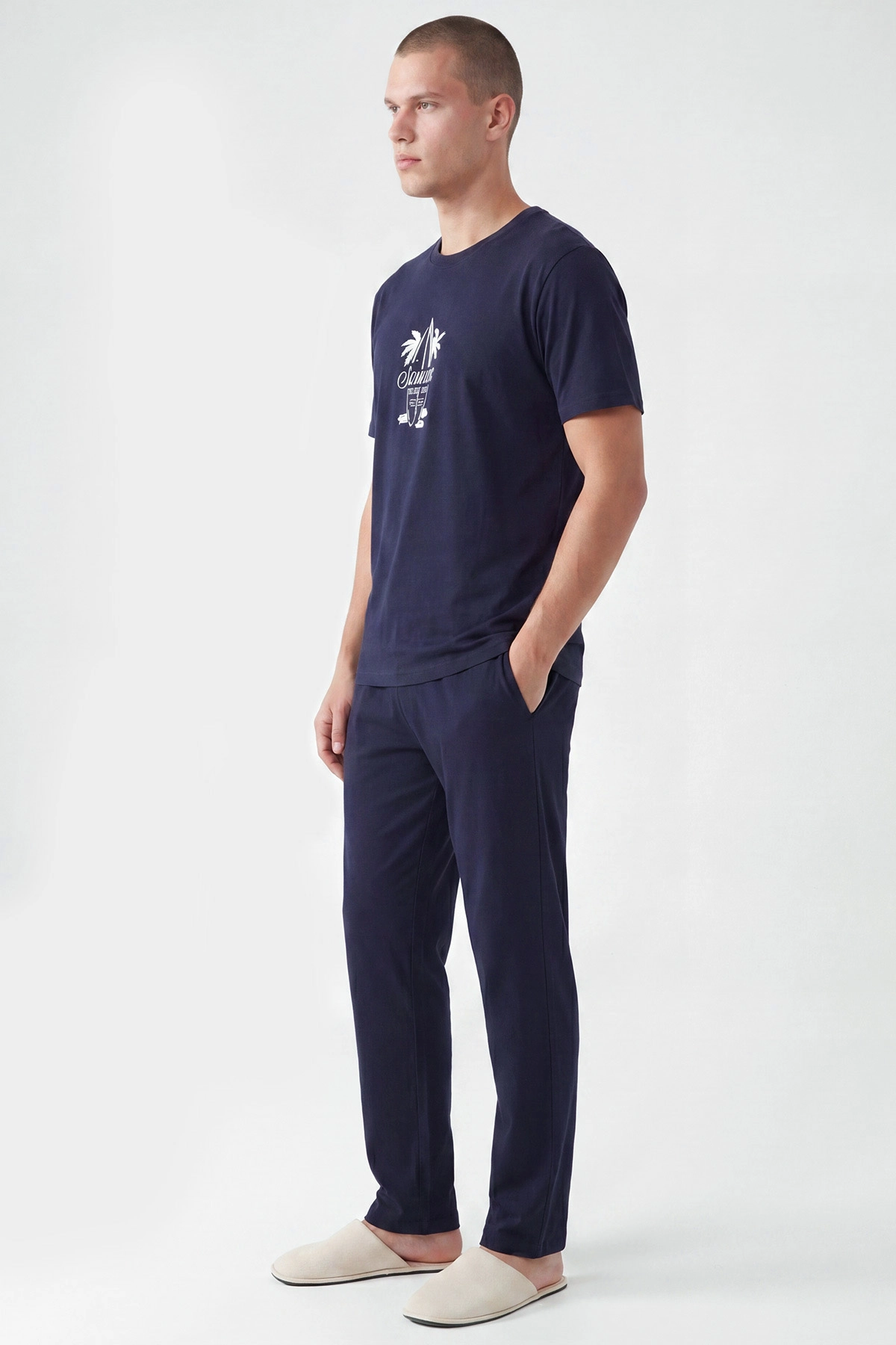 Lacivert Penye Kumaş Kısa Kollu Erkek Pijama Takımı 455799