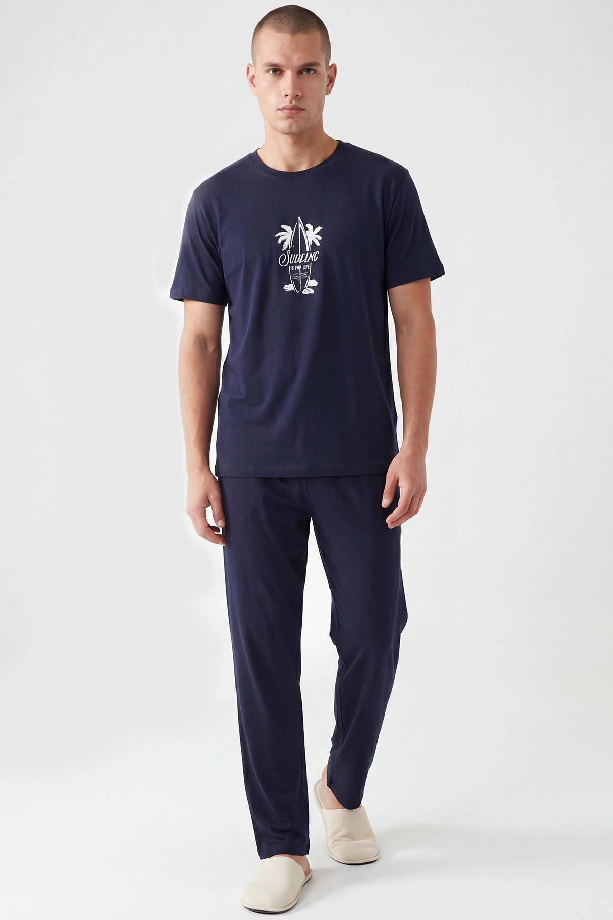 Lacivert Penye Kumaş Kısa Kollu Erkek Pijama Takımı 455799