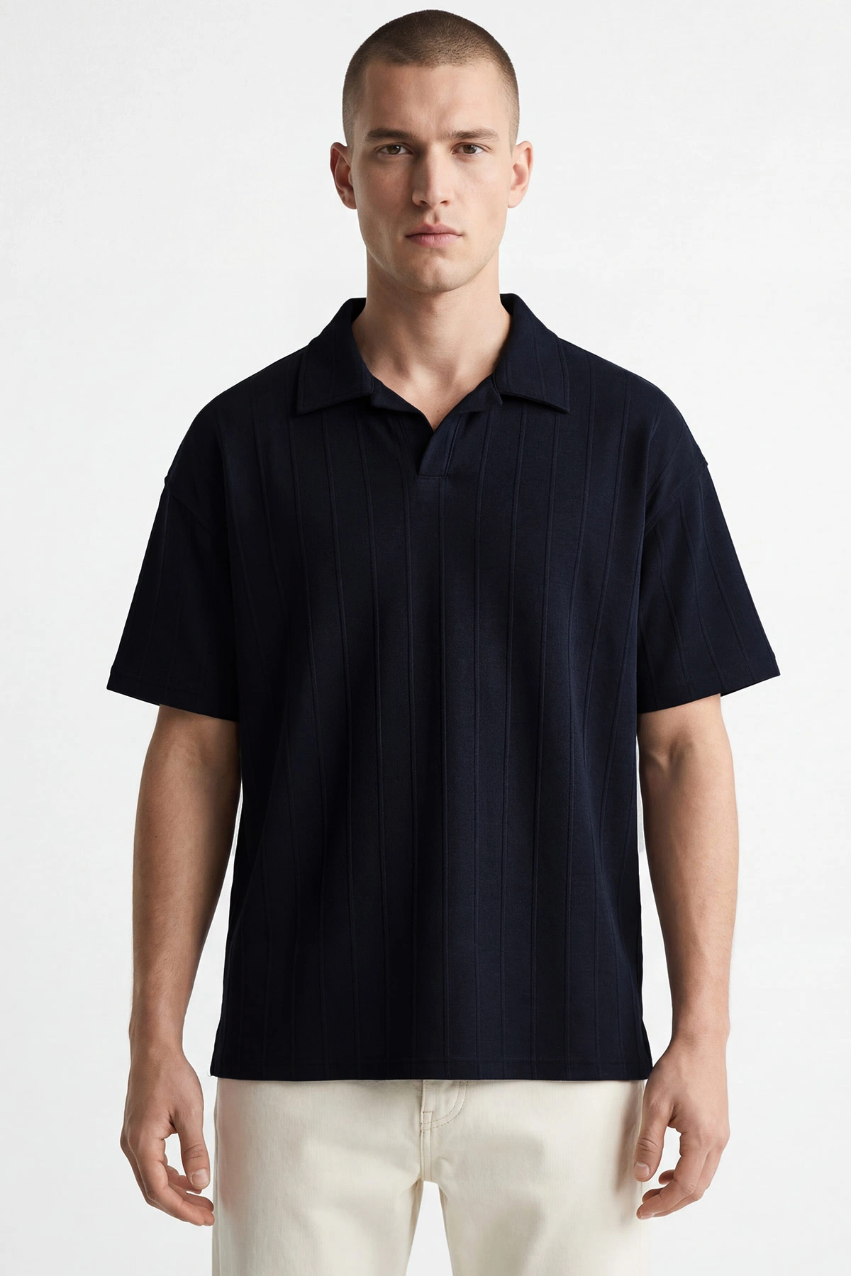 Lacivert Pike Kumaş Oversize Polo Yaka Erkek Tişört 448947