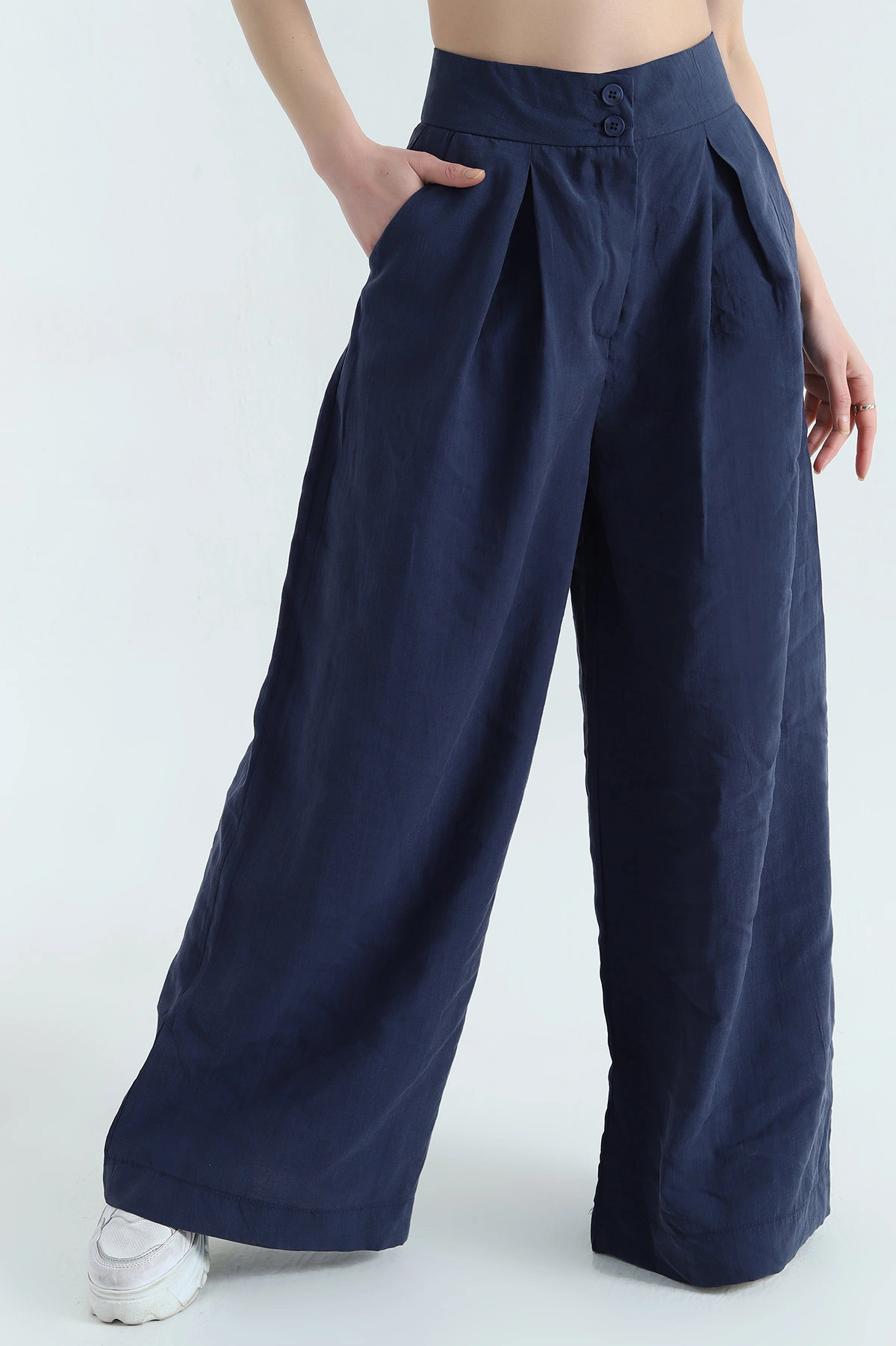 Lacivert Pileli Cepli Bayan Tencel Pantolon 337621